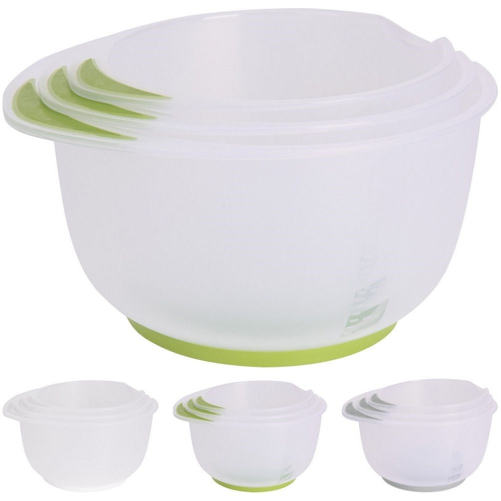 Practical set of kitchen bowls: handle, spout & measuring scale