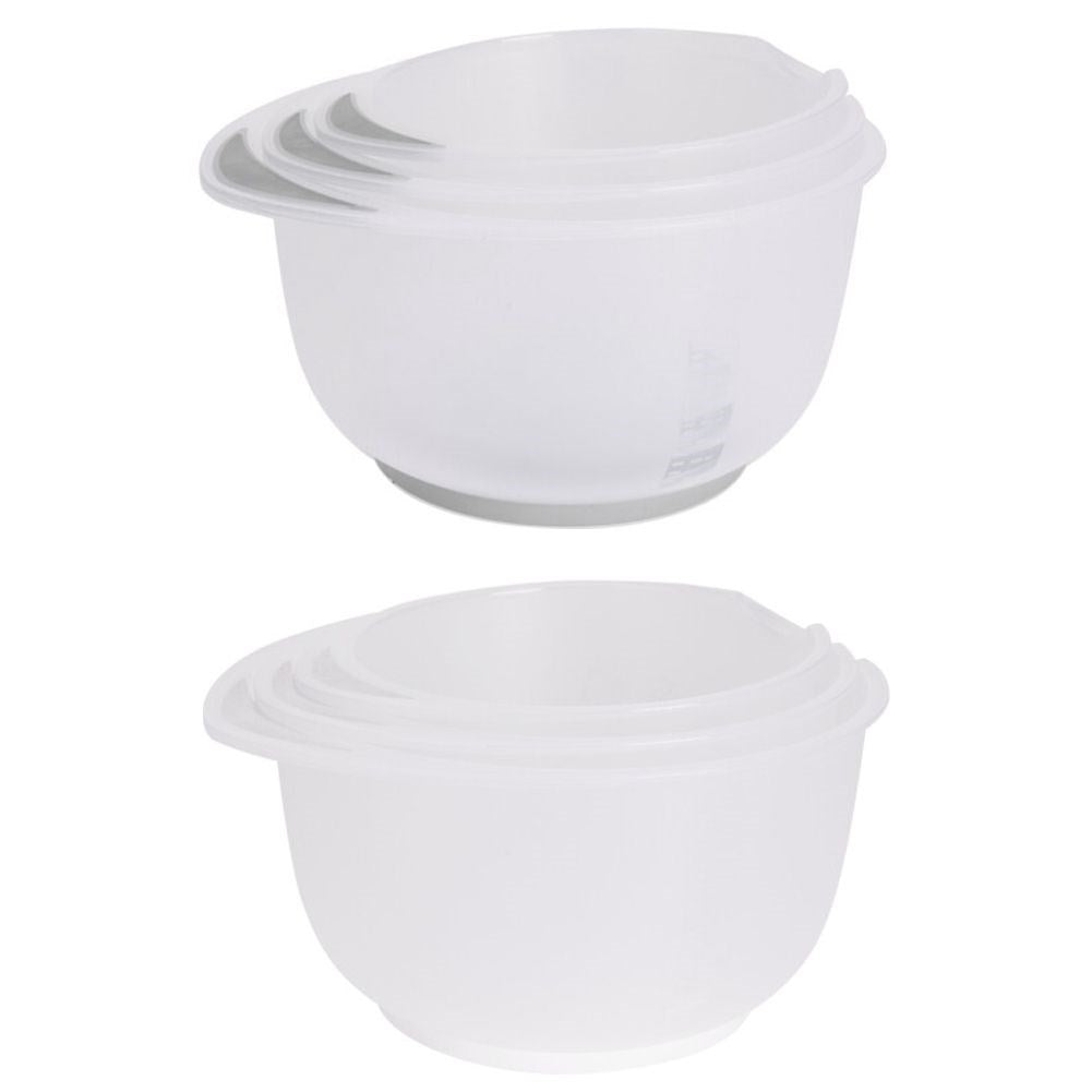 Practical set of kitchen bowls: handle, spout & measuring scale