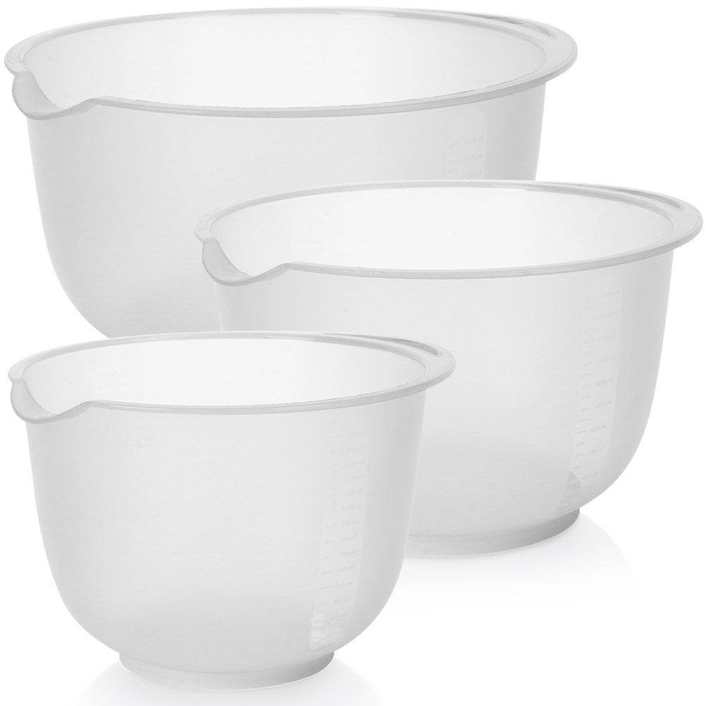 Practical set of kitchen bowls with handle, spout and measuring scale