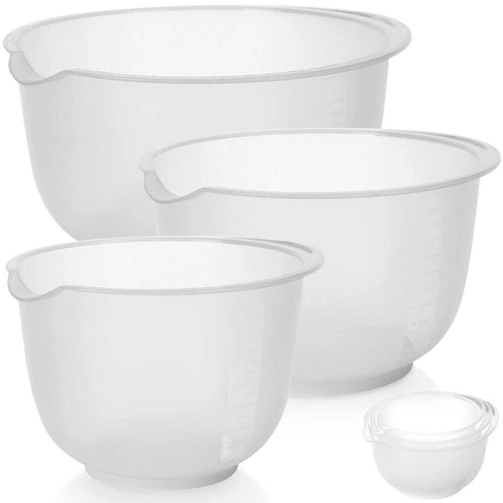 Practical set of kitchen bowls with handle, spout and measuring scale