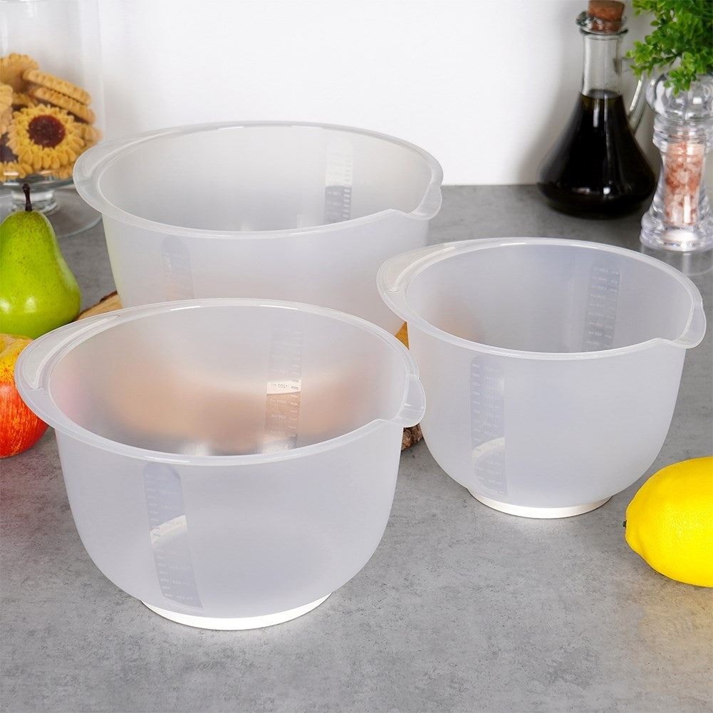 Practical set of kitchen bowls with handle, spout and measuring scale