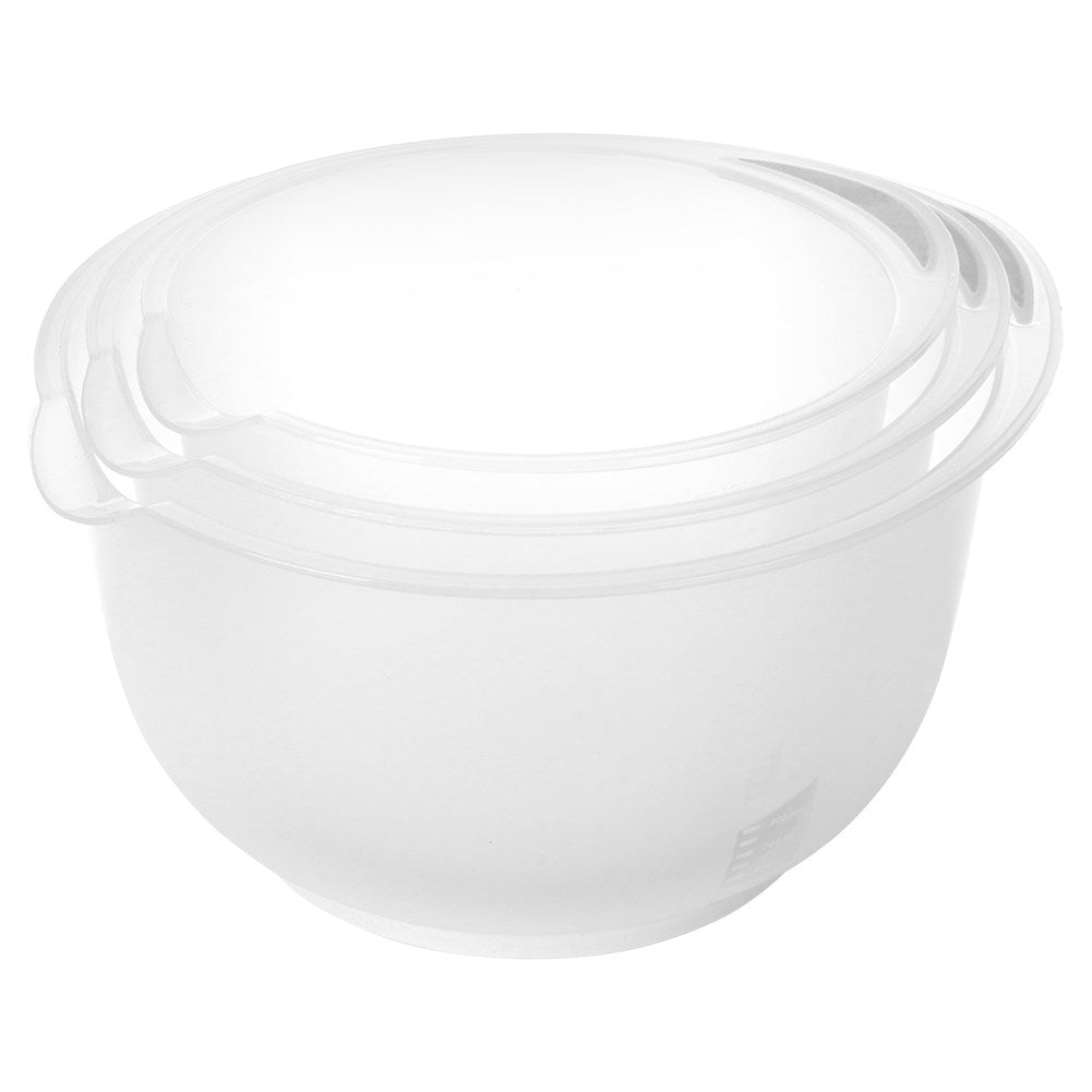 Practical set of kitchen bowls with handle, spout and measuring scale