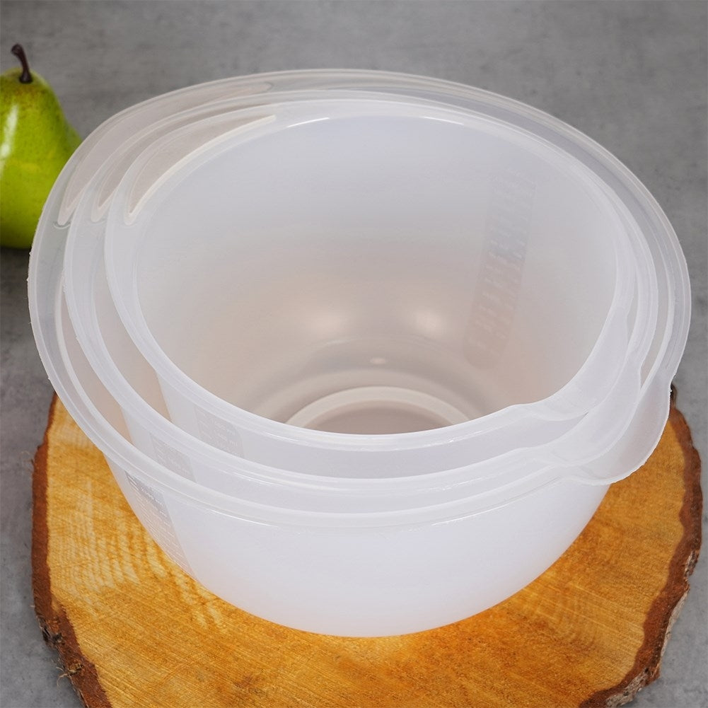 Practical set of kitchen bowls with handle, spout and measuring scale