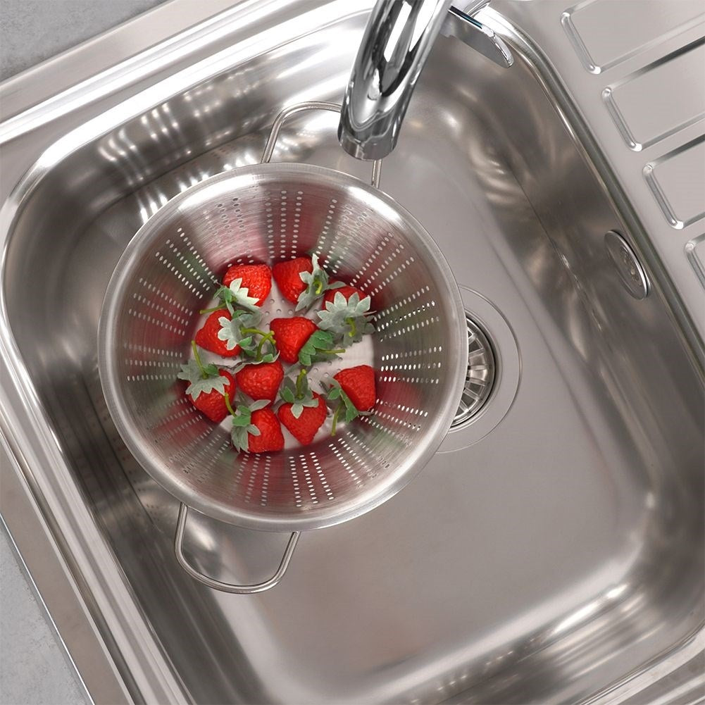 Practical stainless steel strainer with two handles, dishwasher safe