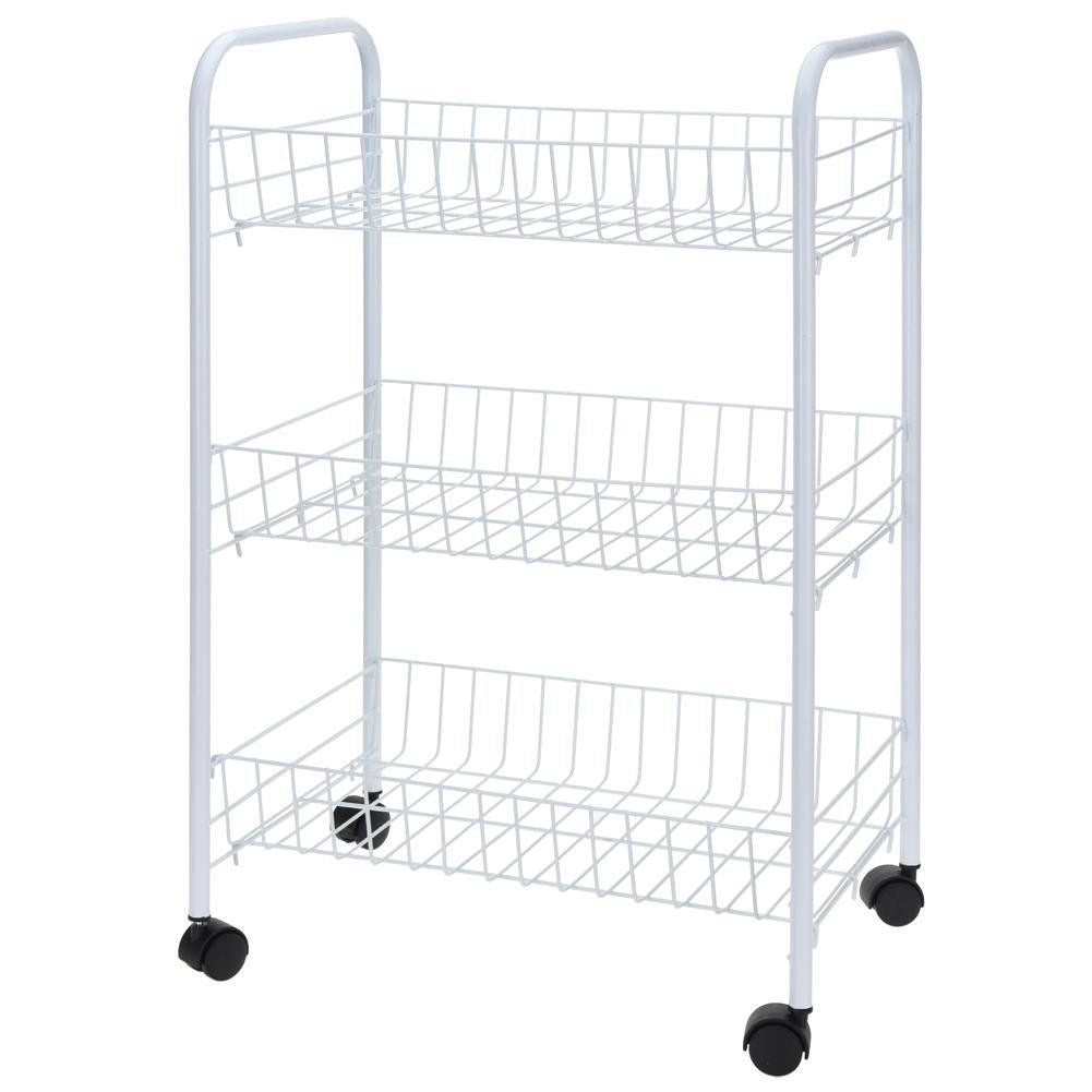 Practical three-level shelf in metal with wheels for easy movement