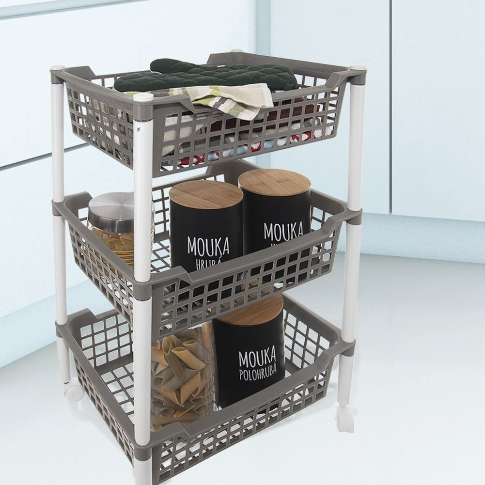 Practical three-level shelf on wheels for home and workshop