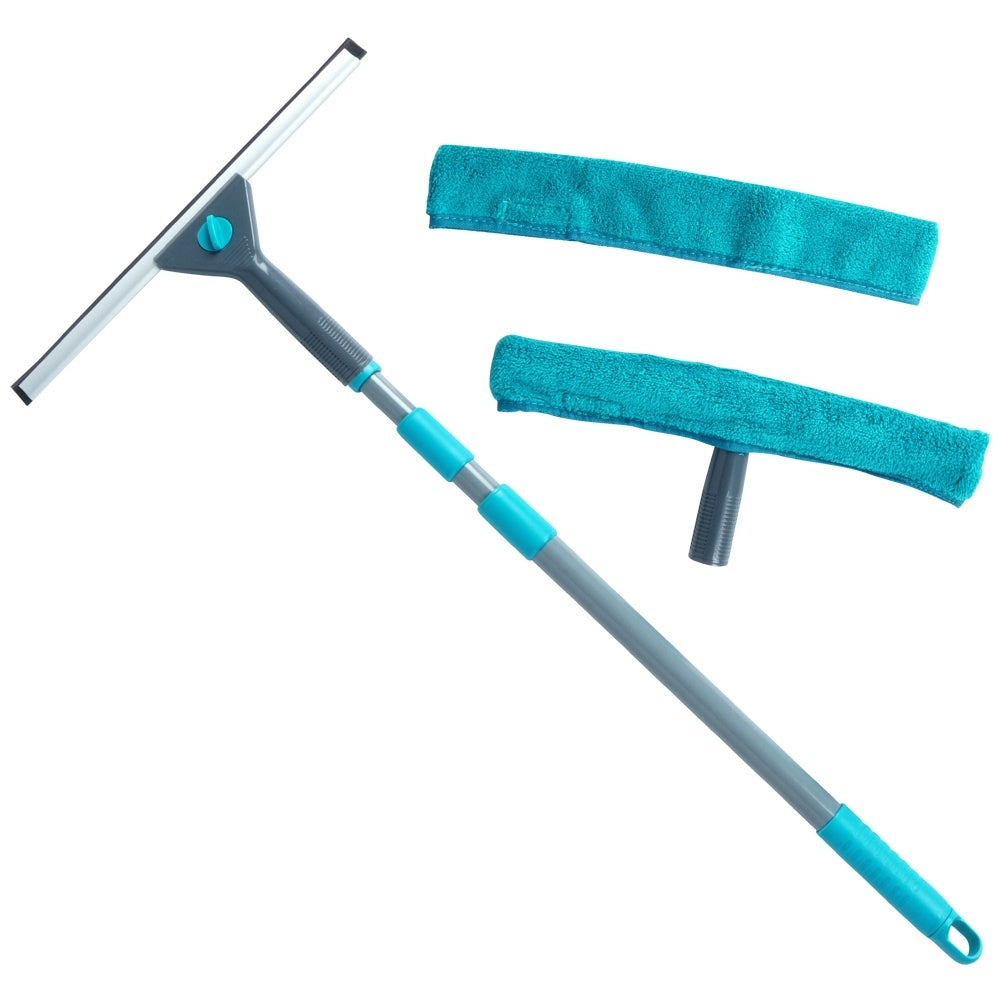 Practical window cleaning kit with telescopic scraper and microfiber cloth