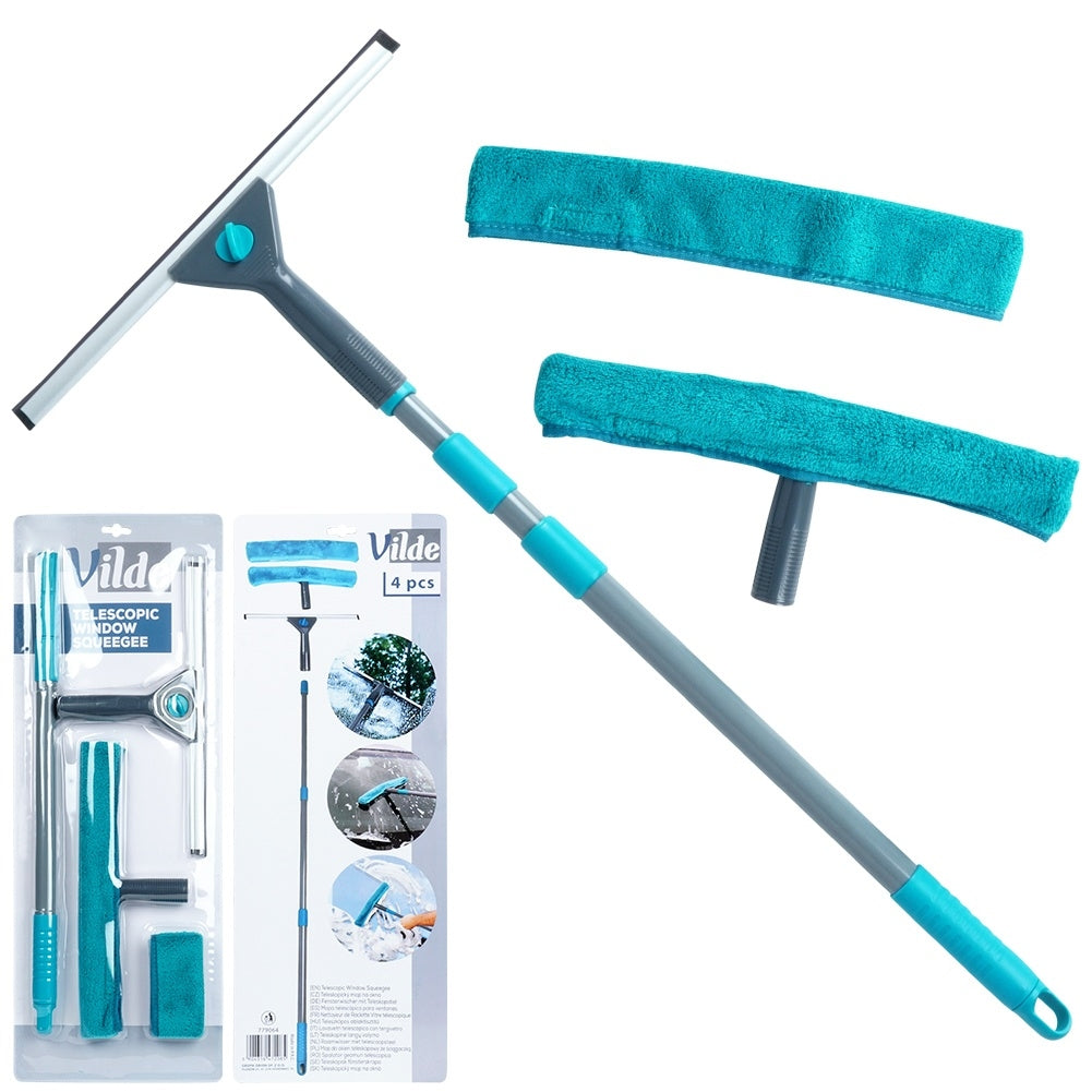 Practical window cleaning kit with telescopic scraper and microfiber cloth