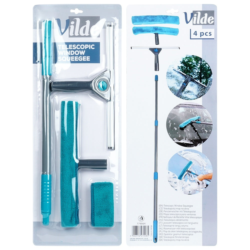 Practical window cleaning kit with telescopic scraper and microfiber cloth