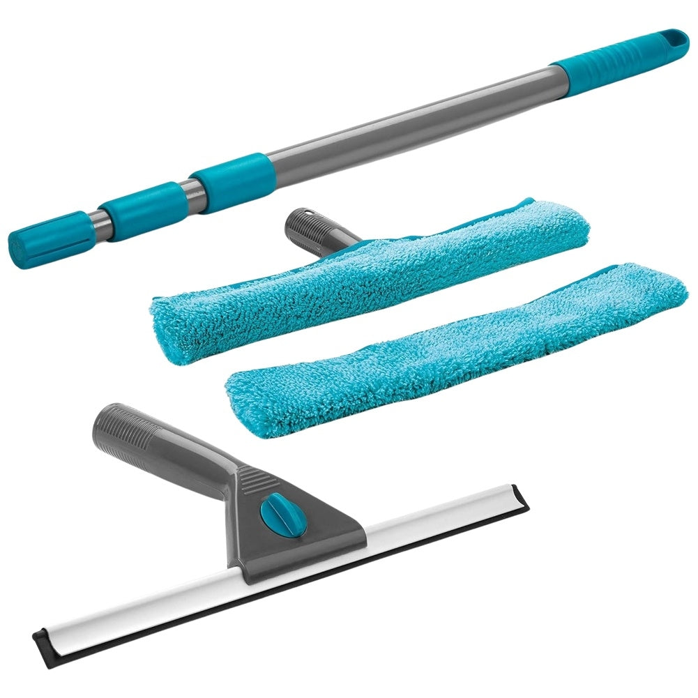 Practical window cleaning kit with telescopic scraper and microfiber cloth