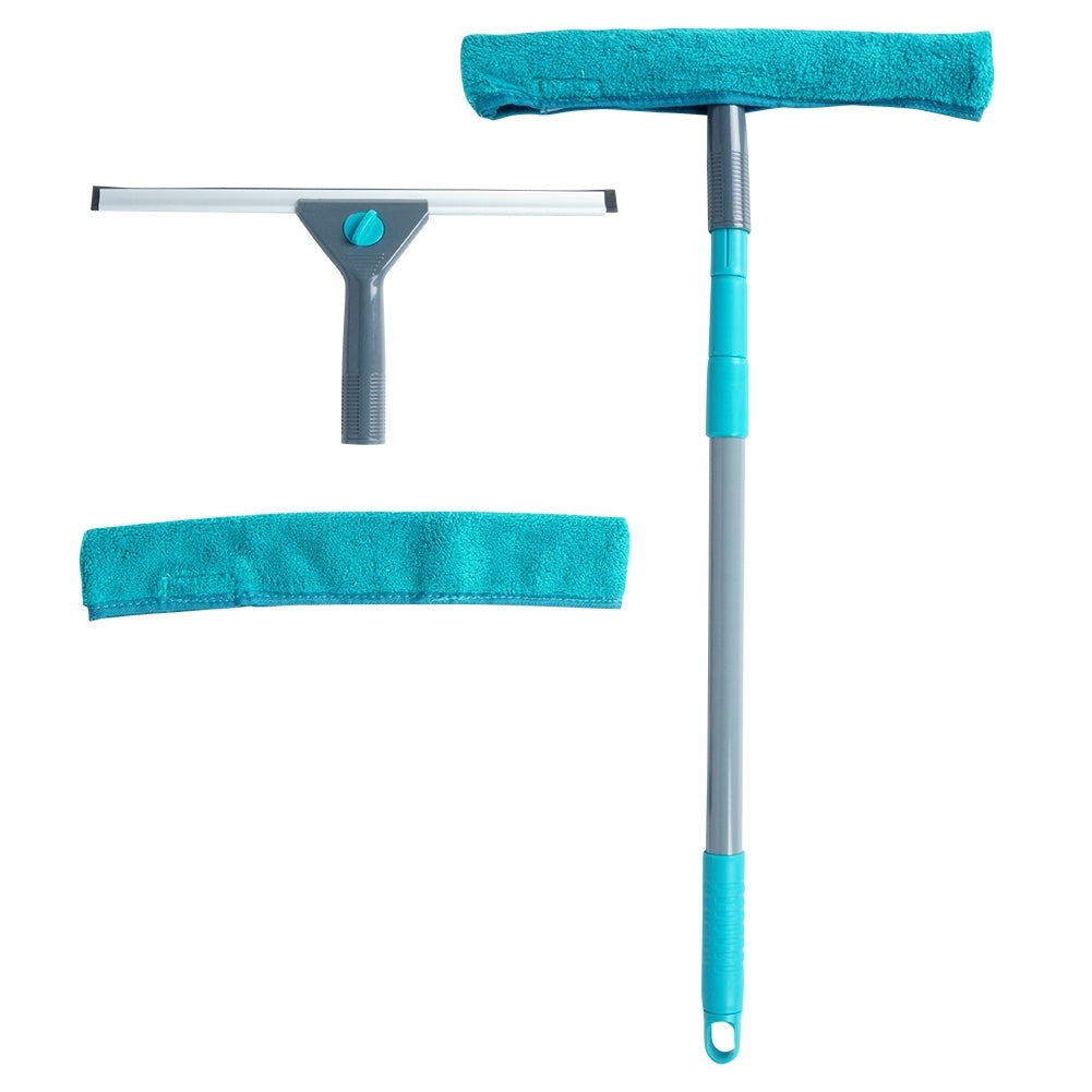 Practical window cleaning kit with telescopic scraper and microfiber cloth