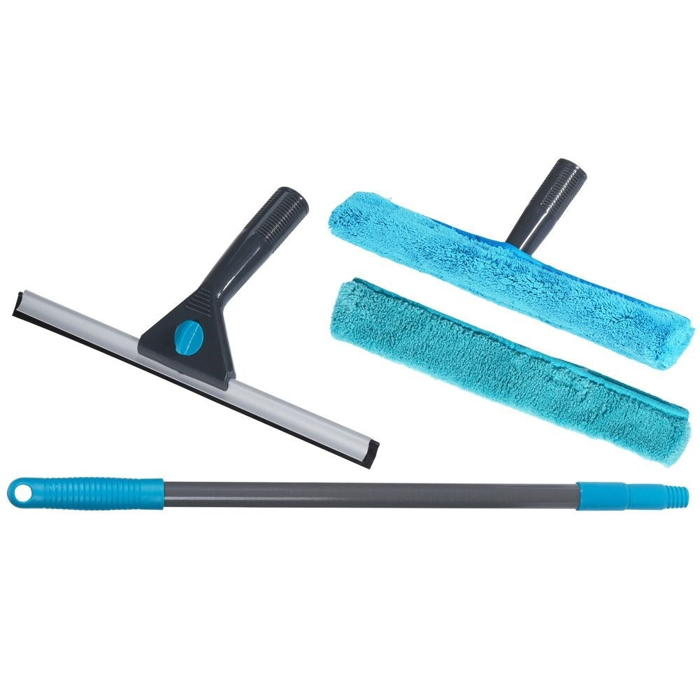 Practical window washing set with telescopic handle and microfiber cloths