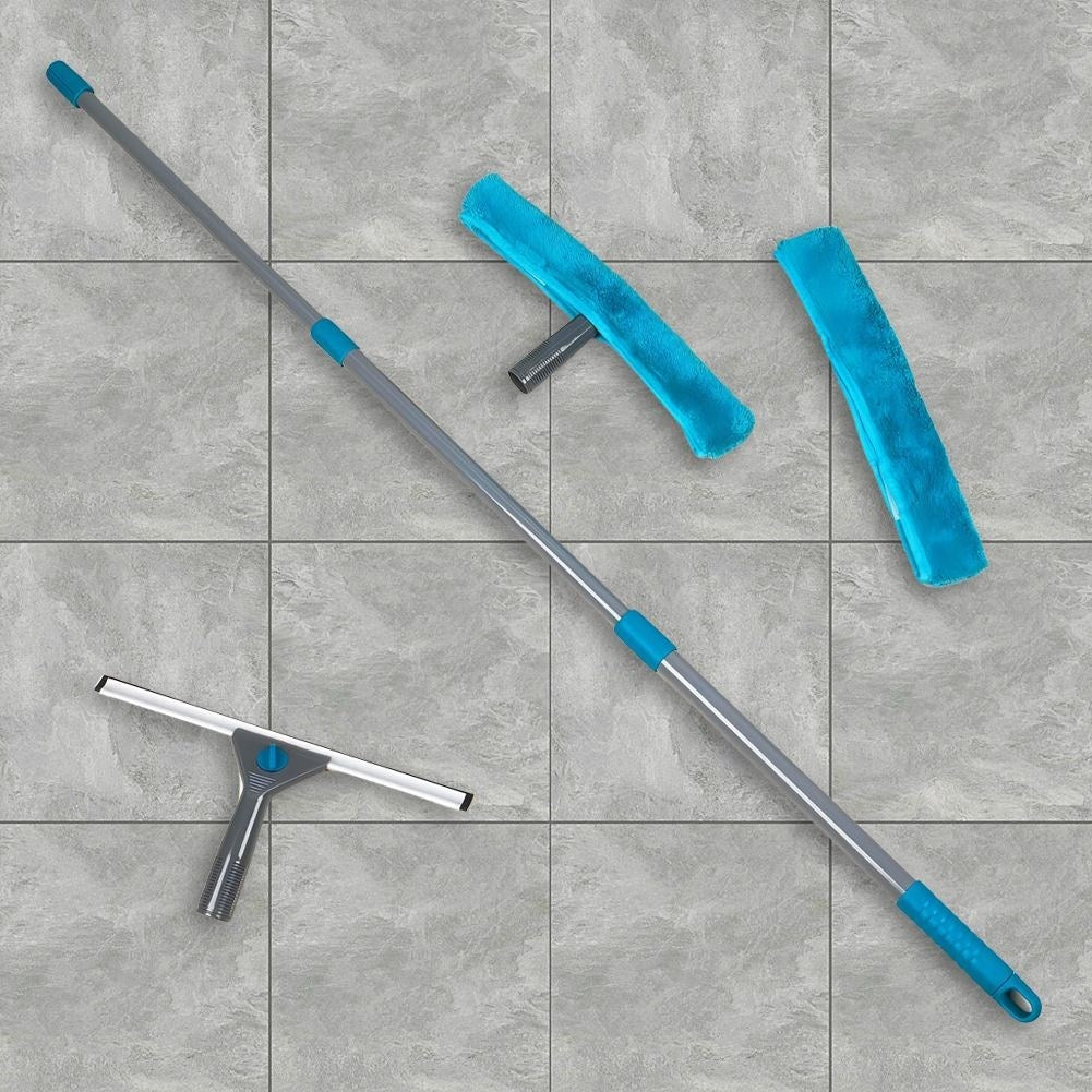 Practical window washing set with telescopic handle and microfiber cloths
