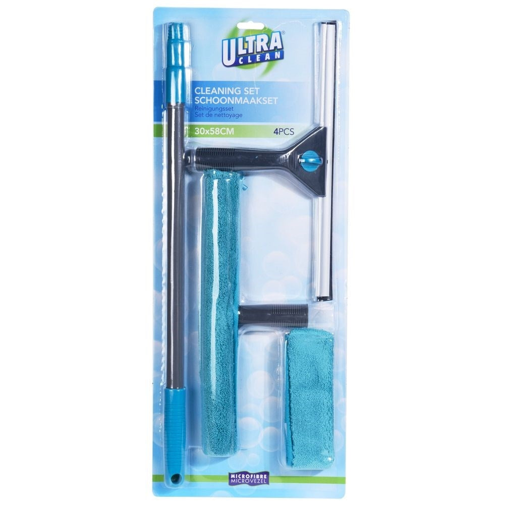 Practical window washing set with telescopic handle and microfiber cloths
