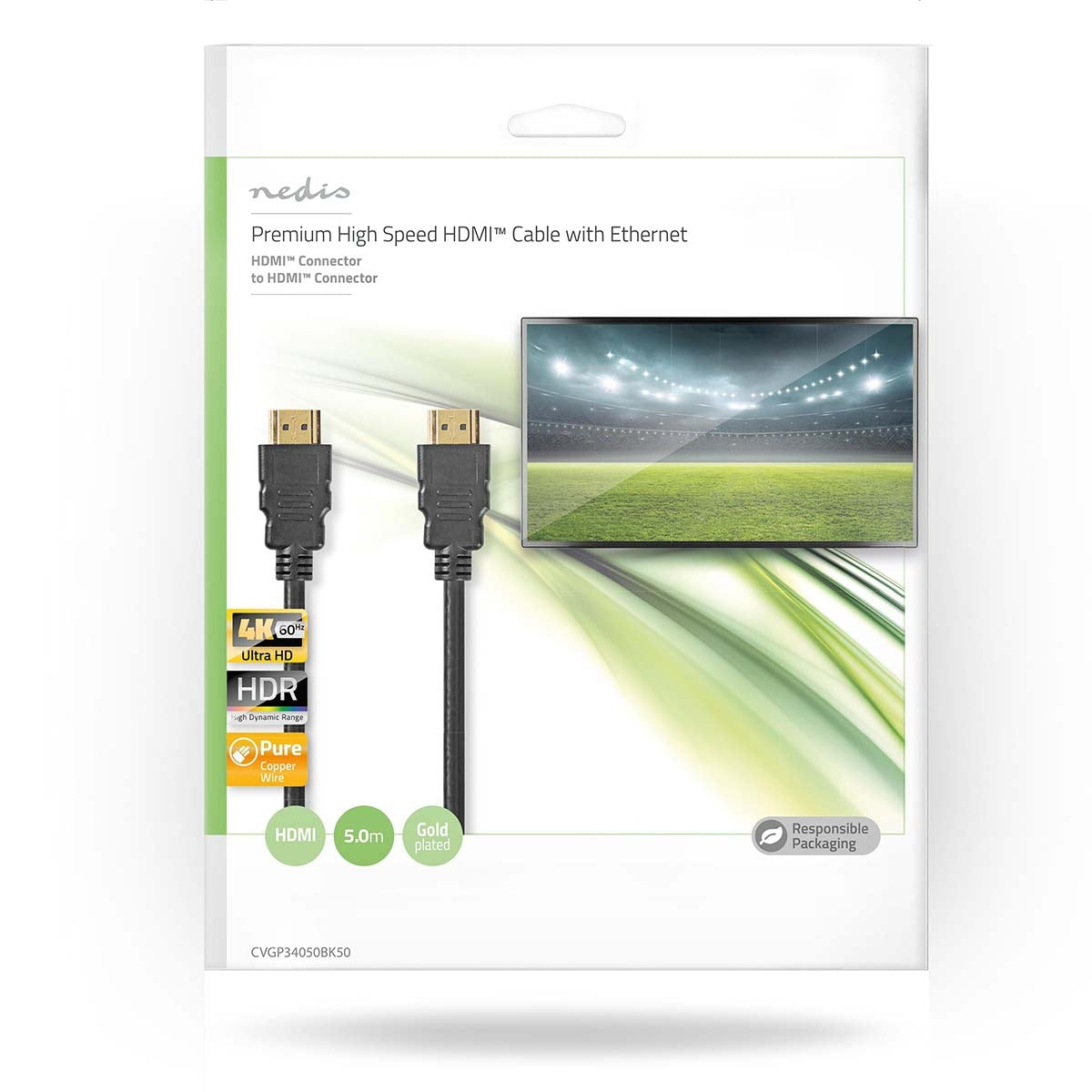 Premium High Speed HDMI™ Cable with Ethernet | HDMI™ Connector | HDMI™ Connector | 4K@60Hz | 18 Gbps | 5.00 m | Round | PVC | Black | Plastic bag