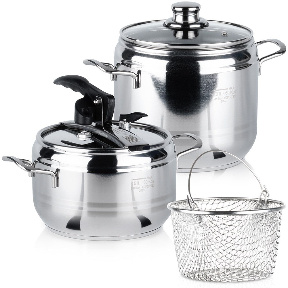Pressure cooker with multi-layer base and safety valves