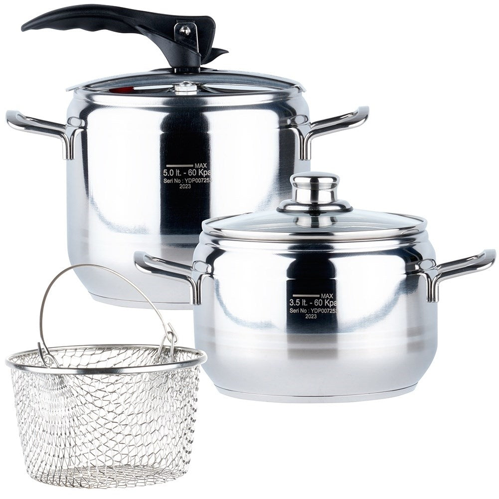 Pressure cooker with multi-layer base and safety valves