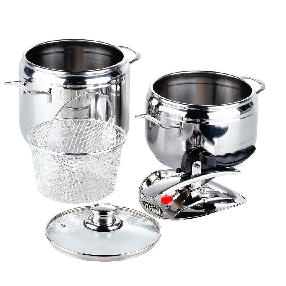 Pressure cooker with multi-layer base and safety valves