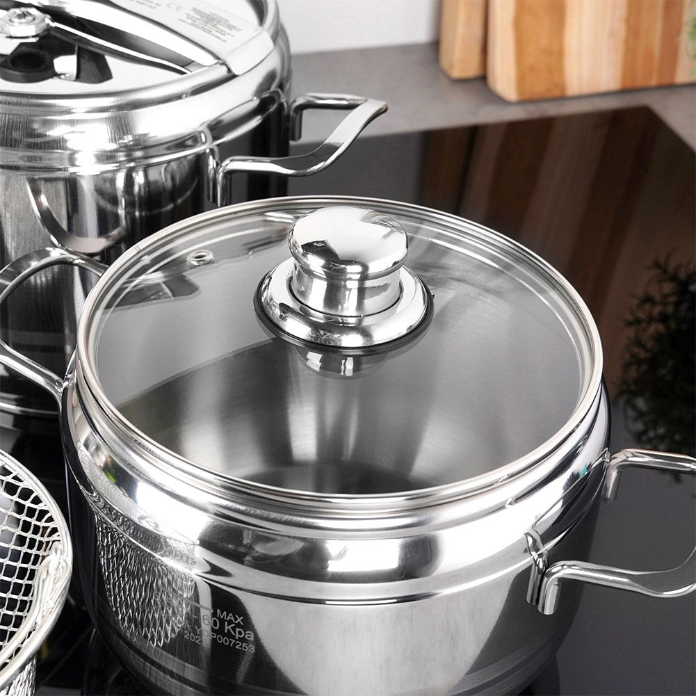 Pressure cooker with multi-layer base and safety valves