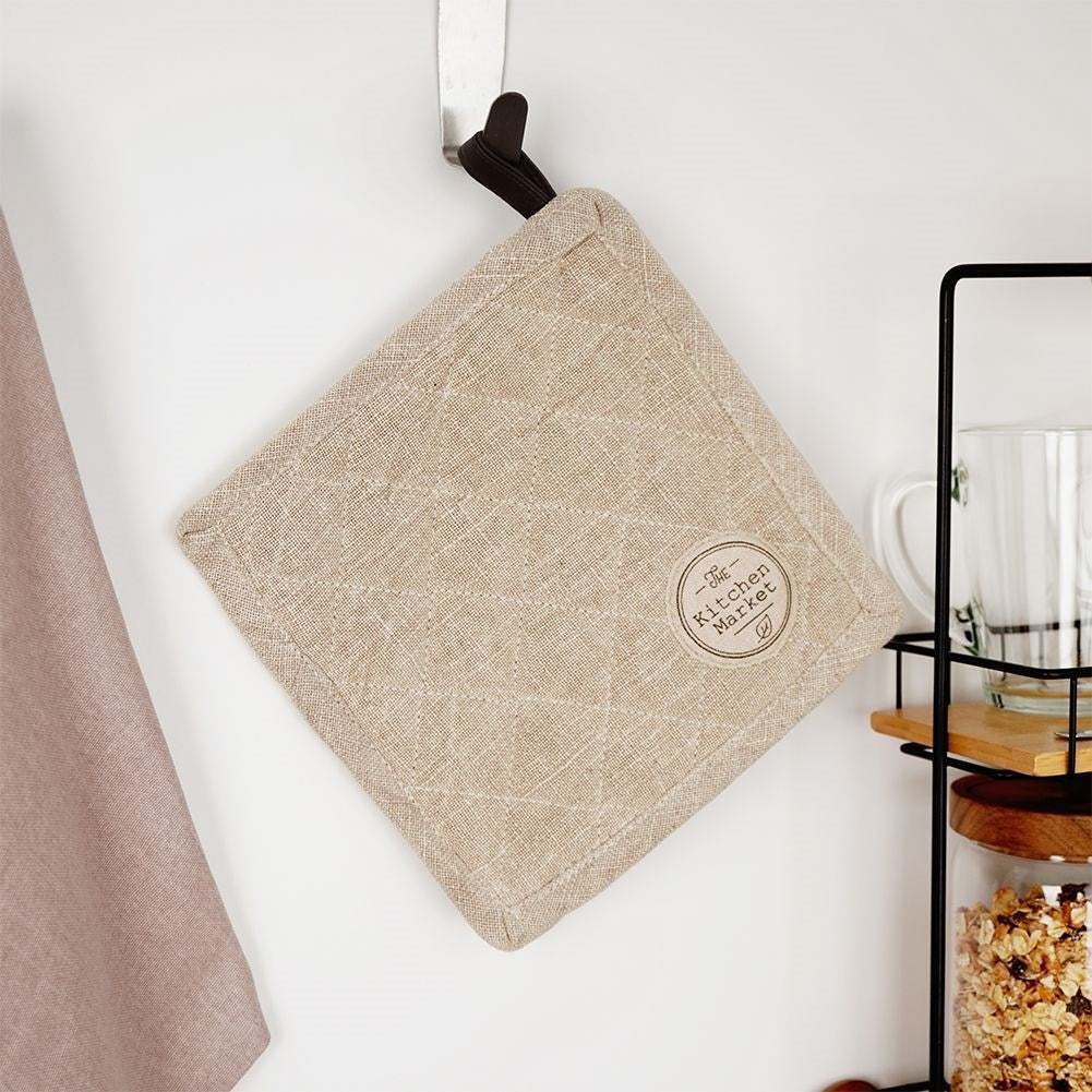 Protective cotton kitchen glove with leather loop for hanging