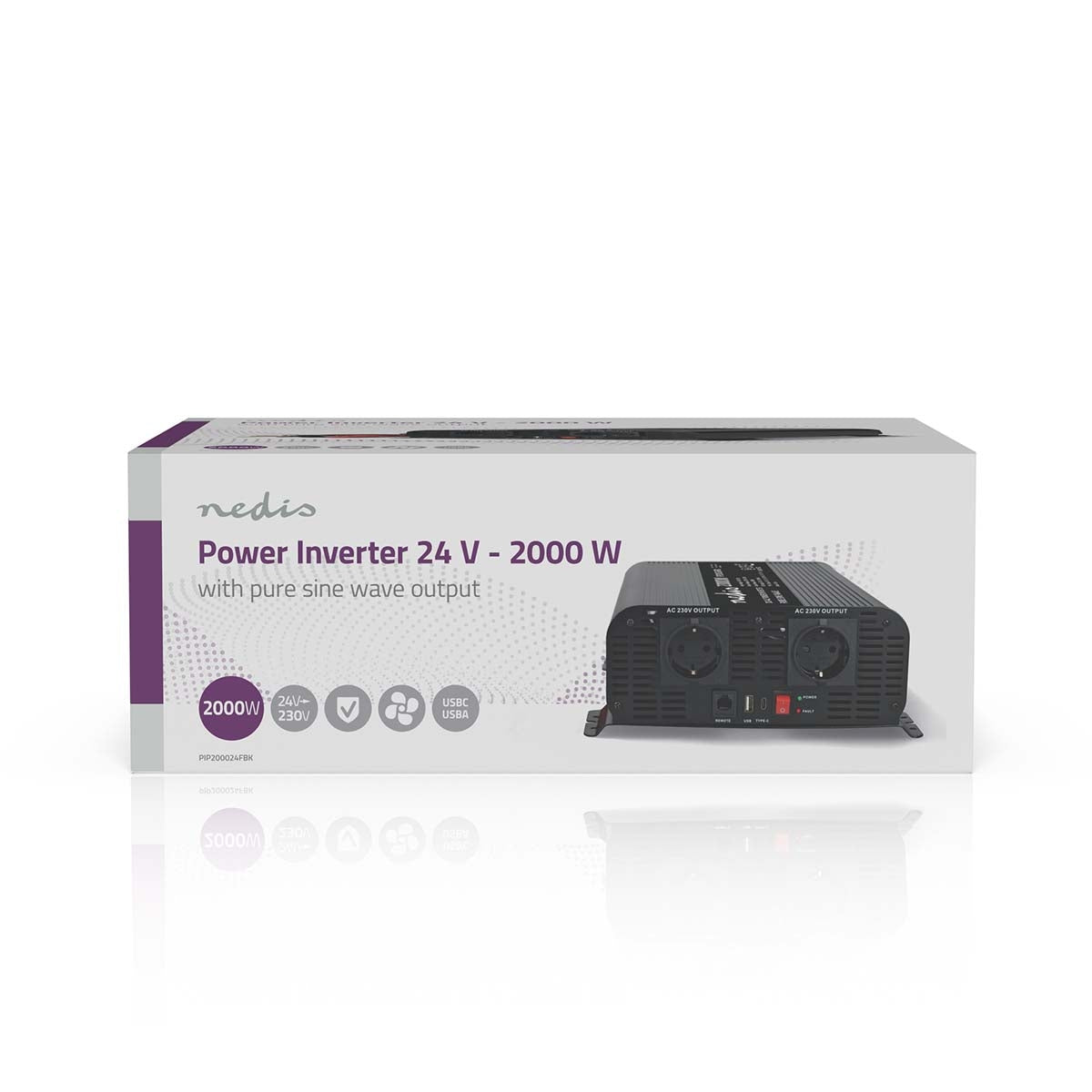 Pure Sine Wave Power Inverter, 2000W, 24V to 230V, USB-C