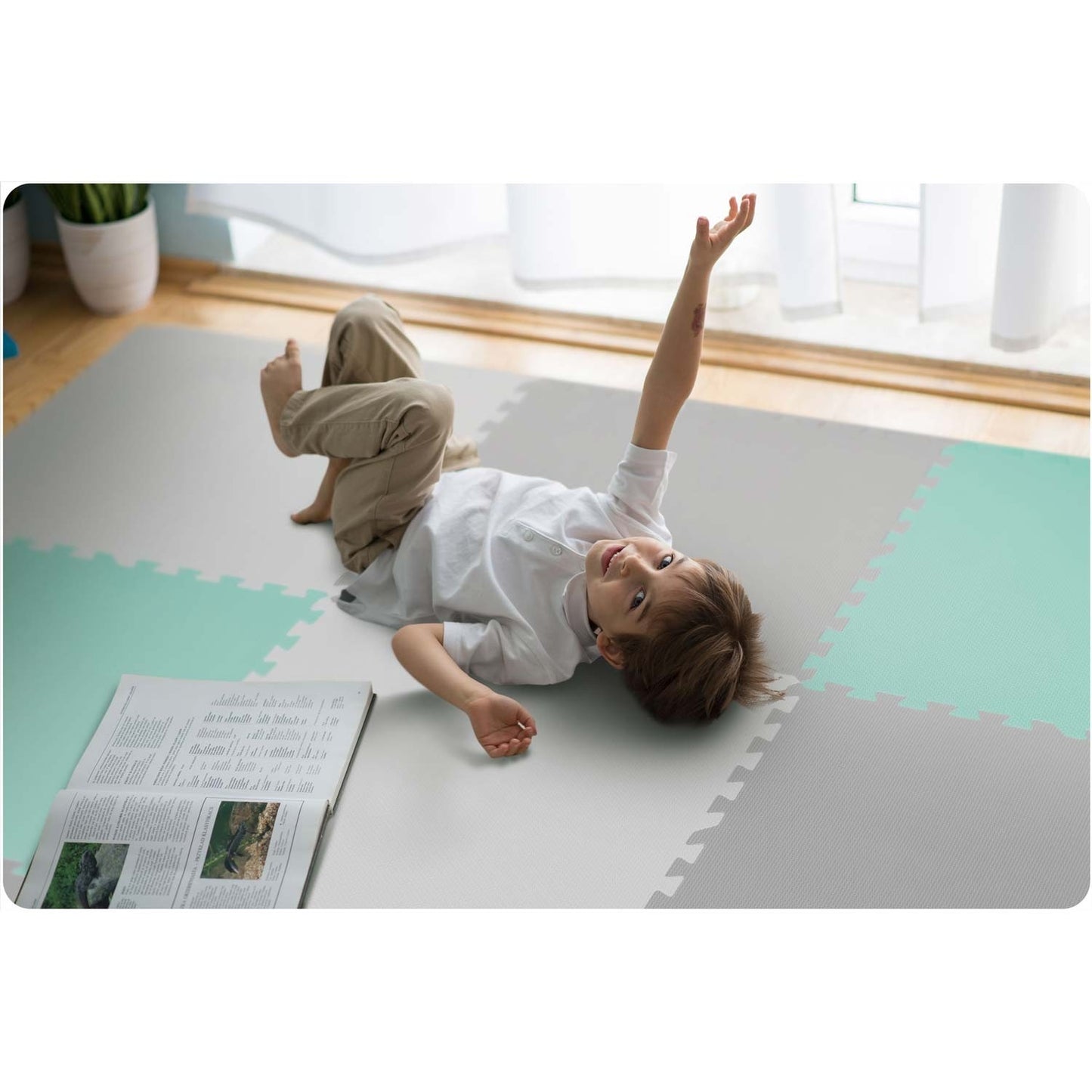 Puzzle mat in Foam 180x180 cm, 9 Parts, Grey/Mint