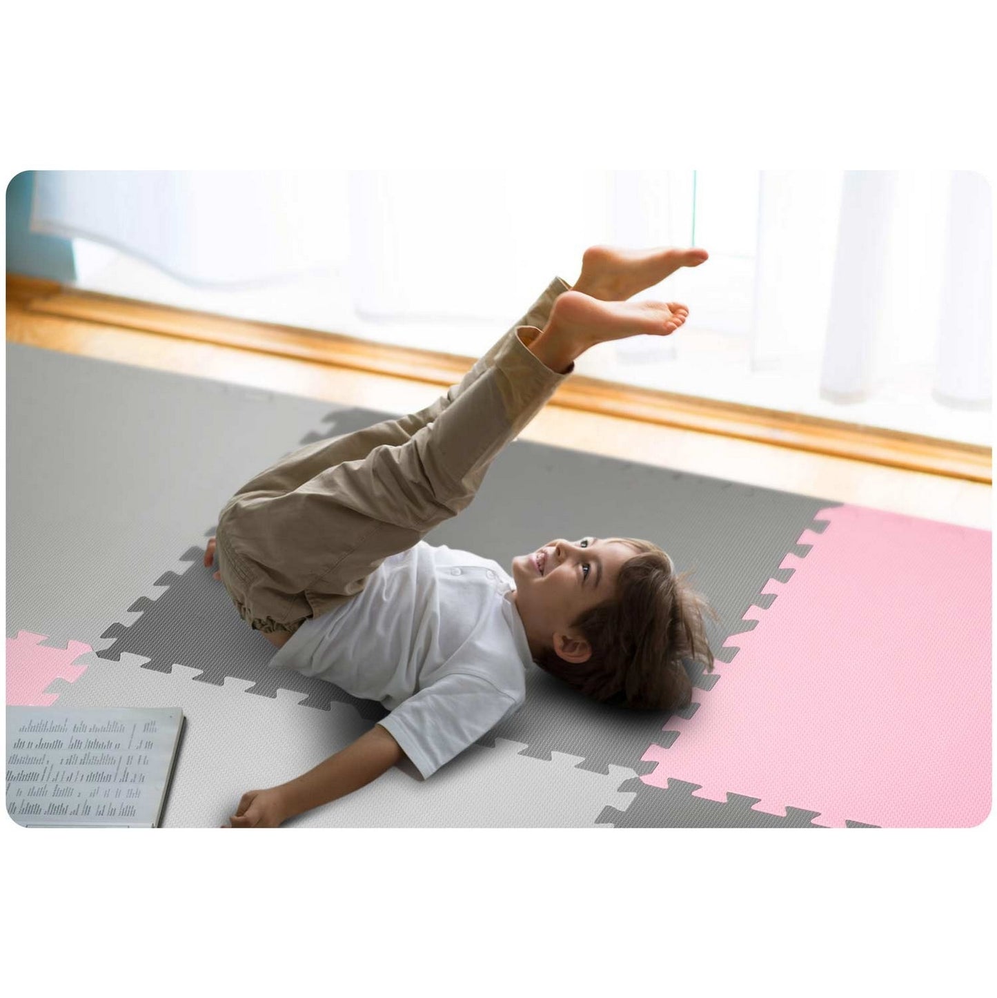 Puzzle mat in foam 180x180 cm, 9 parts, gray and pink