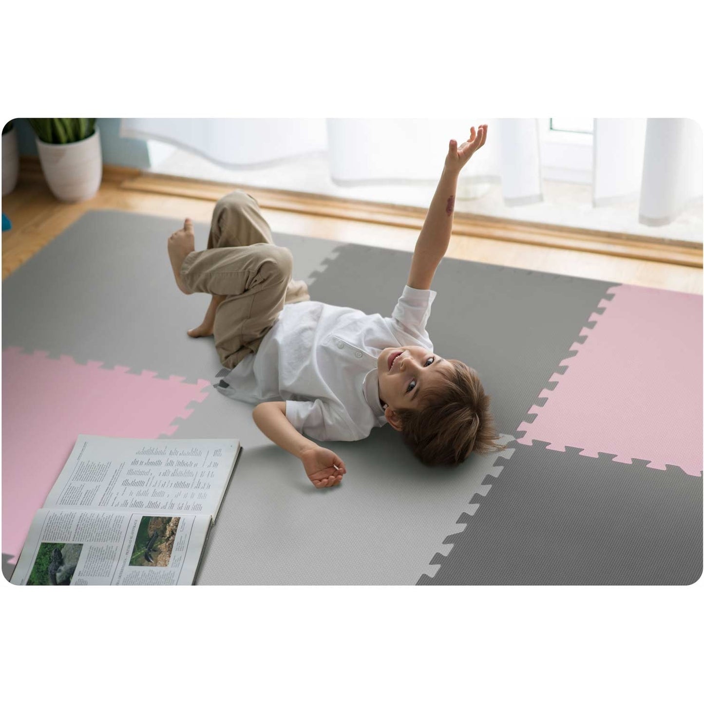 Puzzle mat in foam 180x180 cm, 9 parts, gray and pink