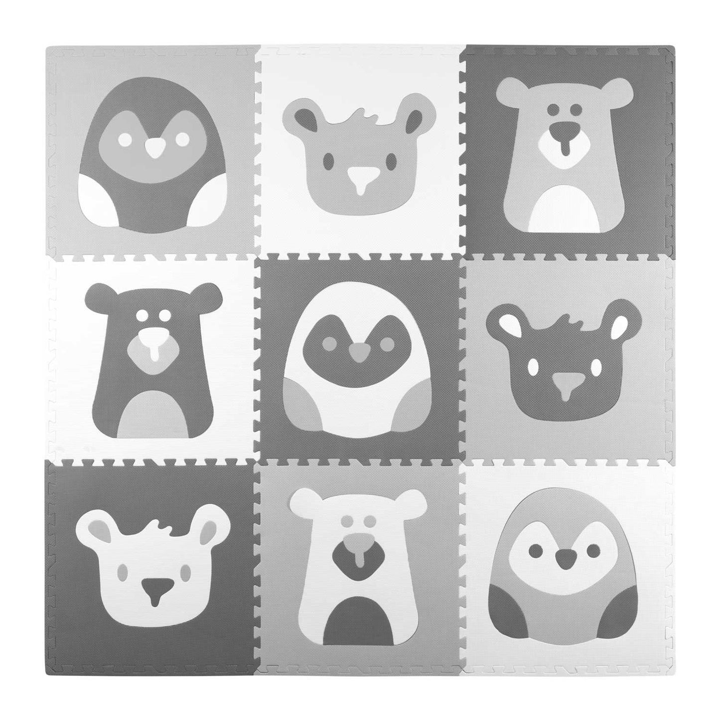 Puzzle mat in foam 180x180 cm, 9 parts, gray animal motifs
