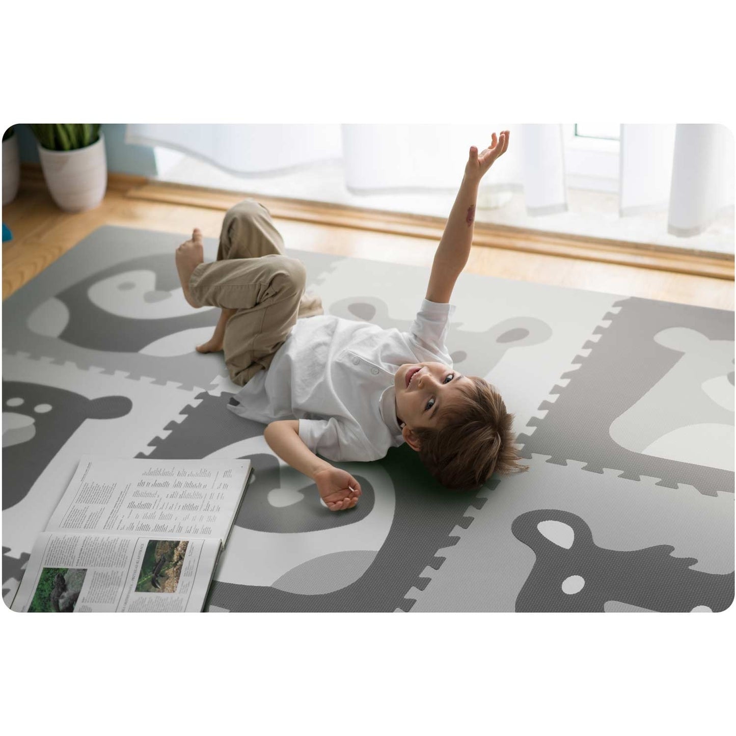 Puzzle mat in foam 180x180 cm, 9 parts, gray animal motifs