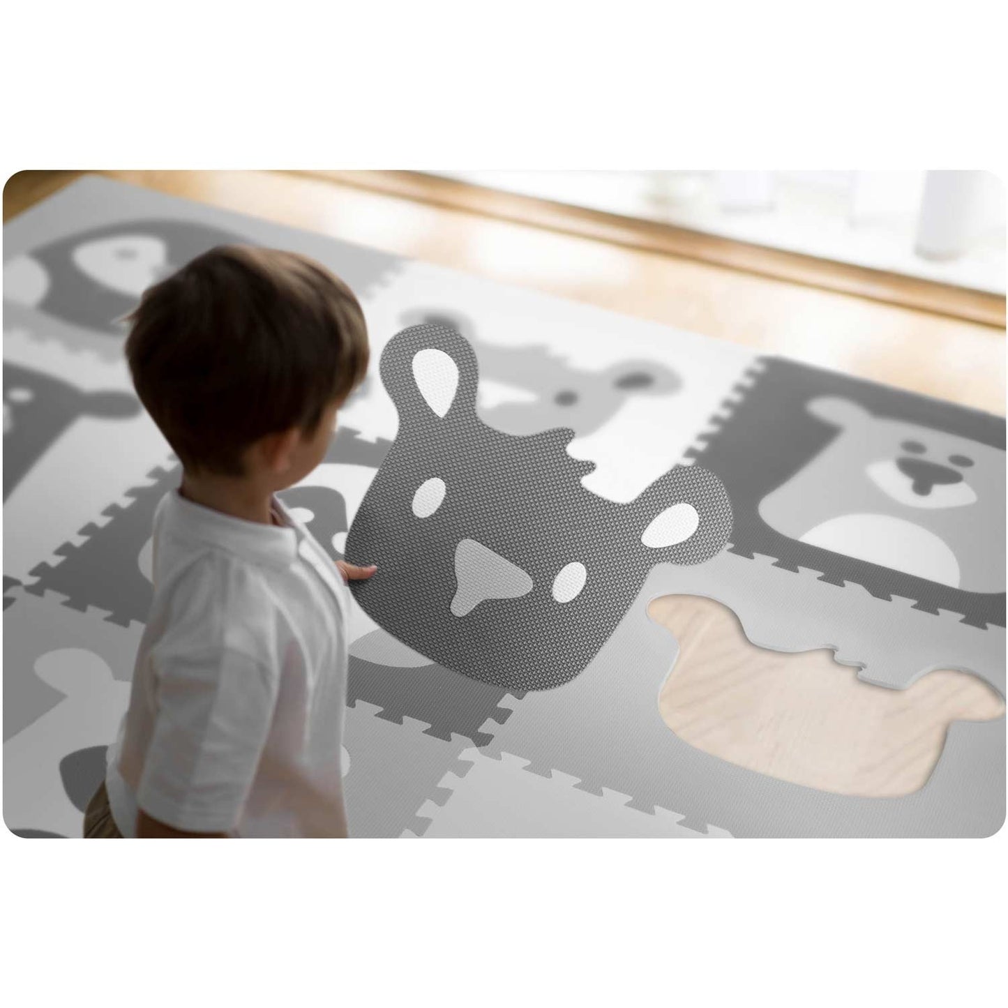 Puzzle mat in foam 180x180 cm, 9 parts, gray animal motifs