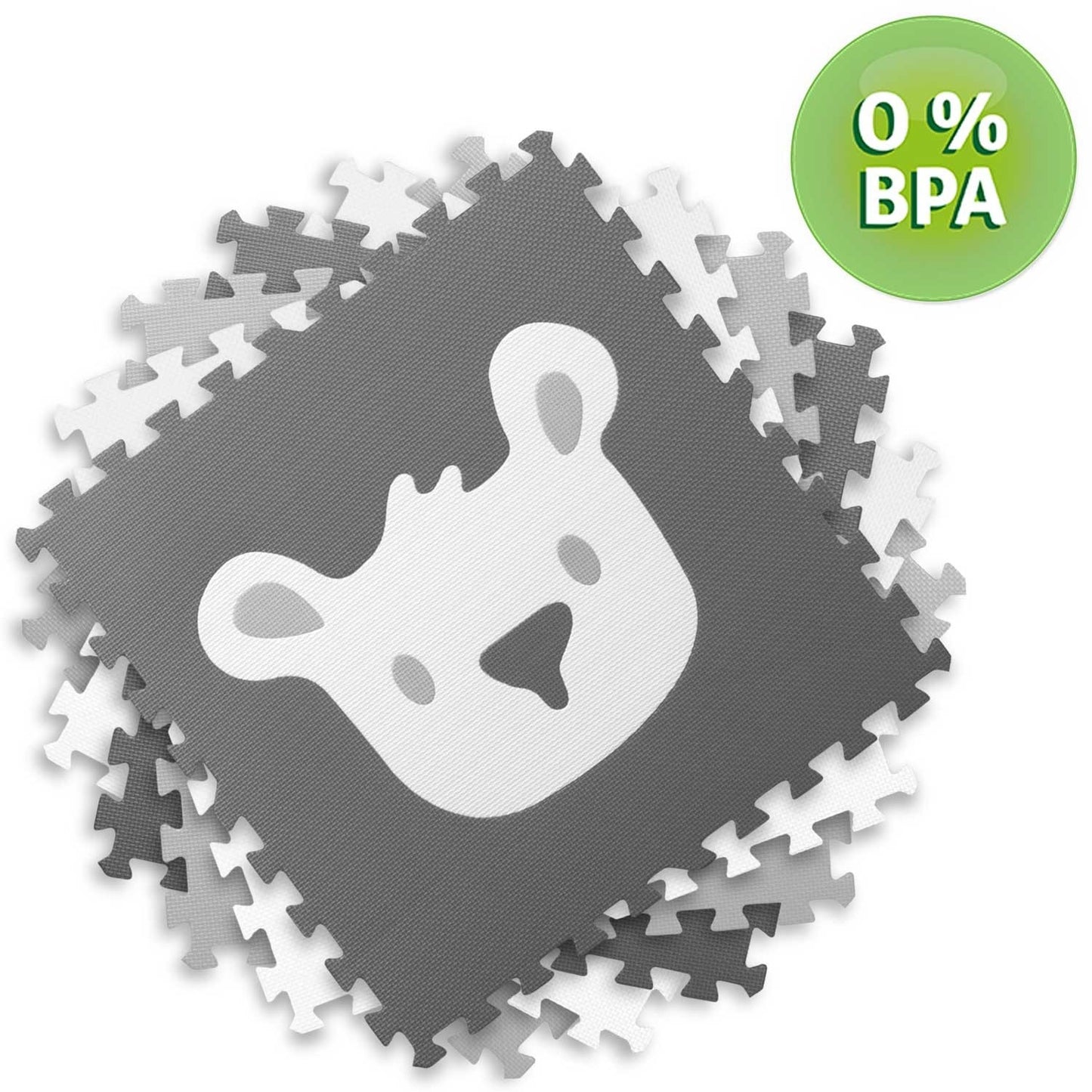 Puzzle mat in foam 180x180 cm, 9 parts, gray animal motifs