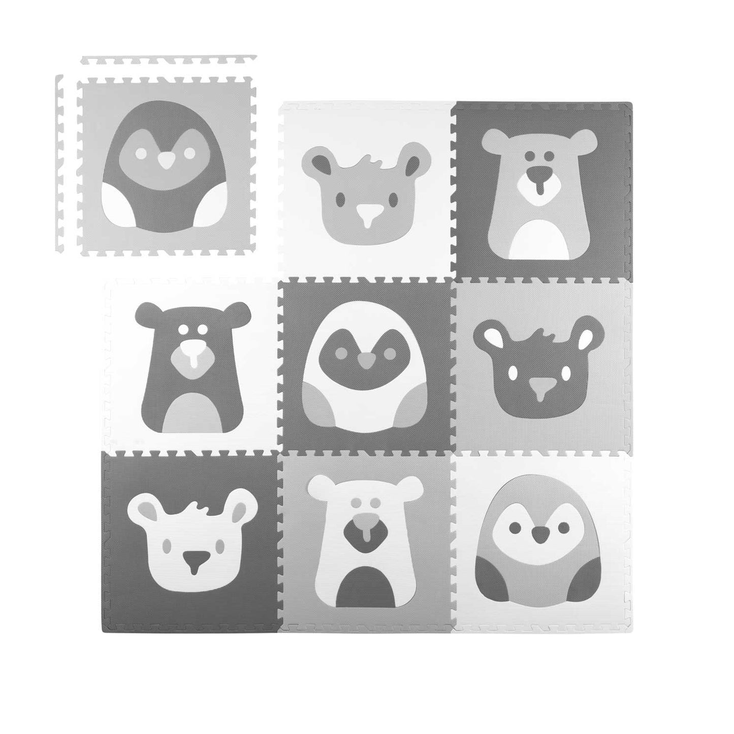 Puzzle mat in foam 180x180 cm, 9 parts, gray animal motifs