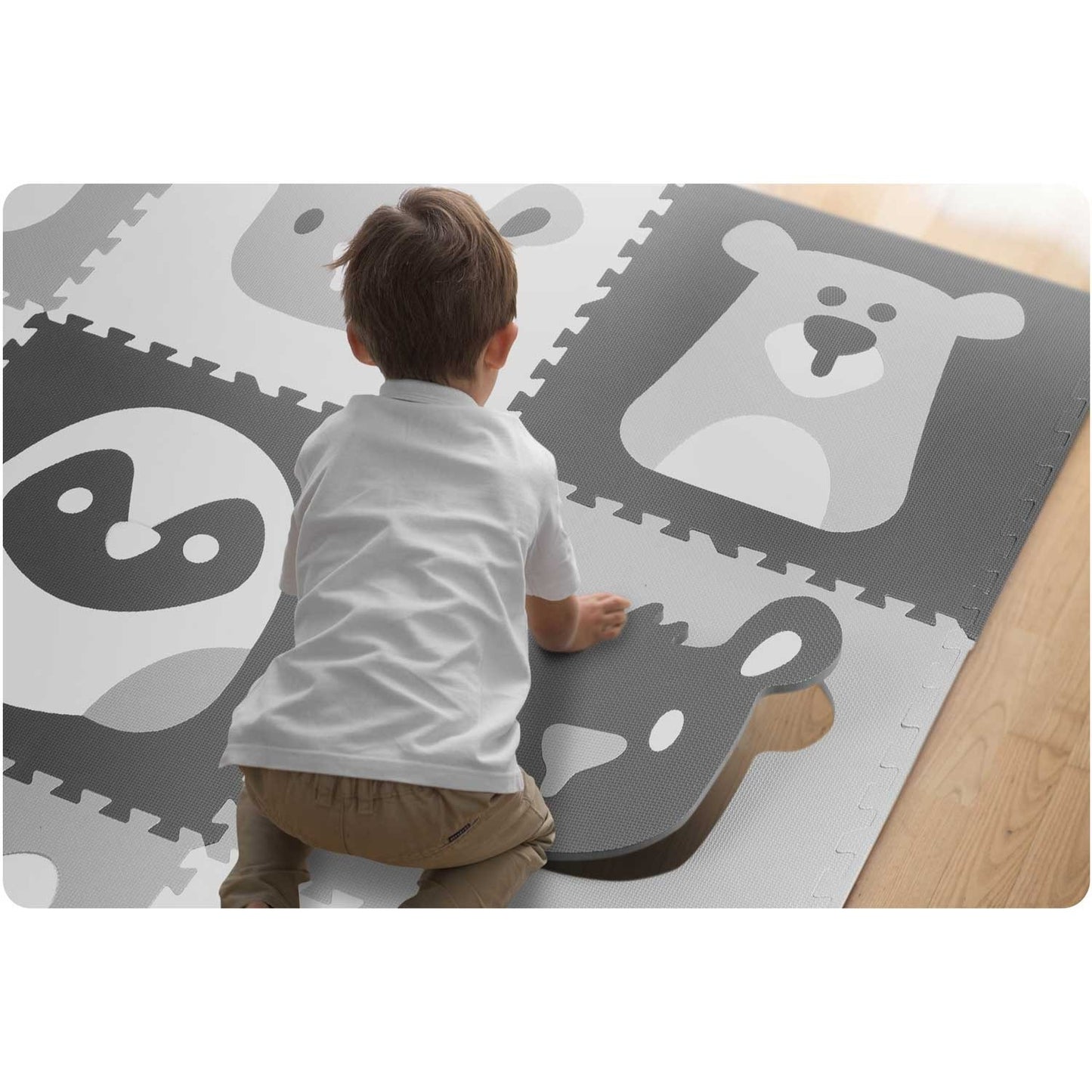 Puzzle mat in foam 180x180 cm, 9 parts, gray animal motifs