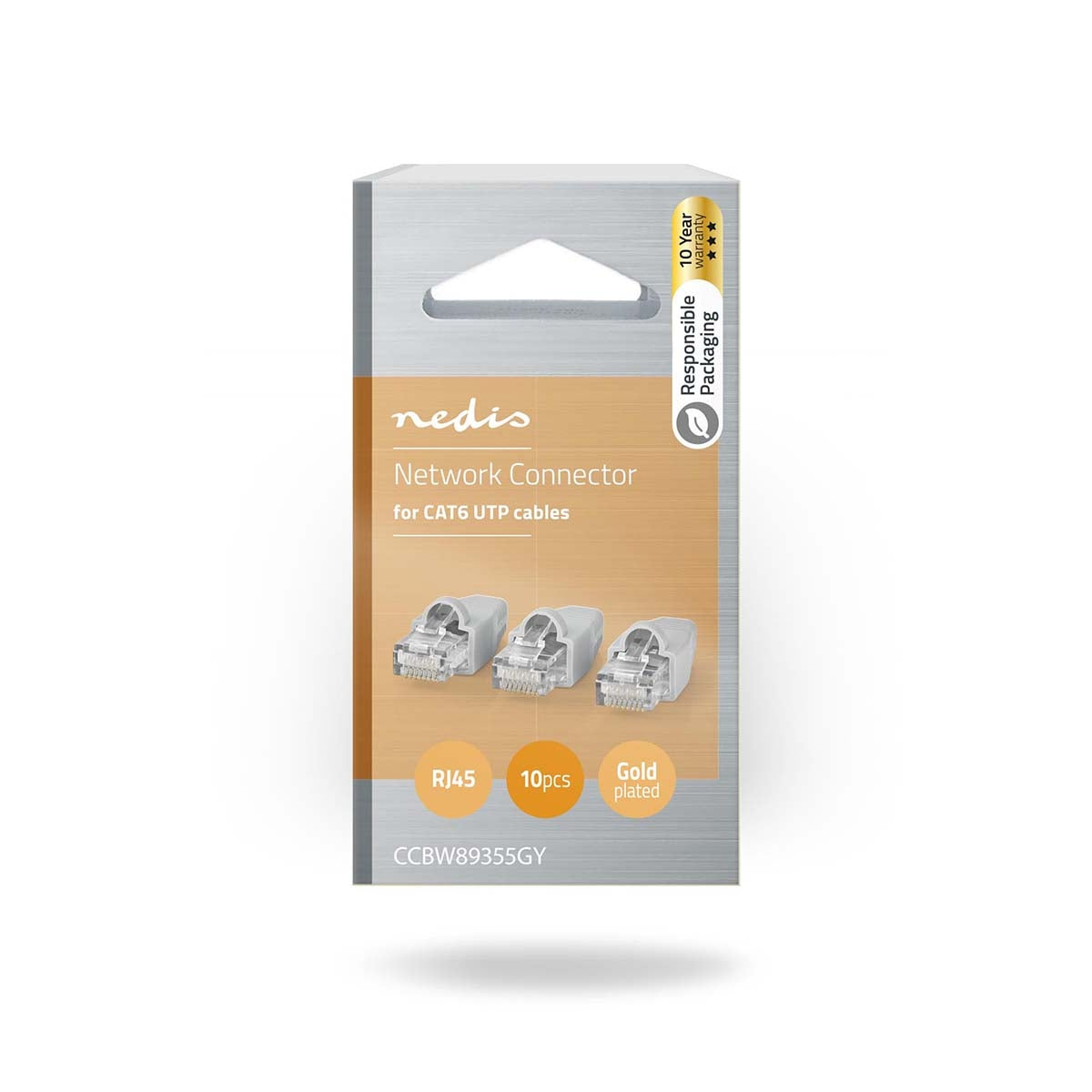 RJ45 connector | Male | Solid UTP CAT6 | Straight | Gold Plated | 10 pieces. | PVC | Gray | Box