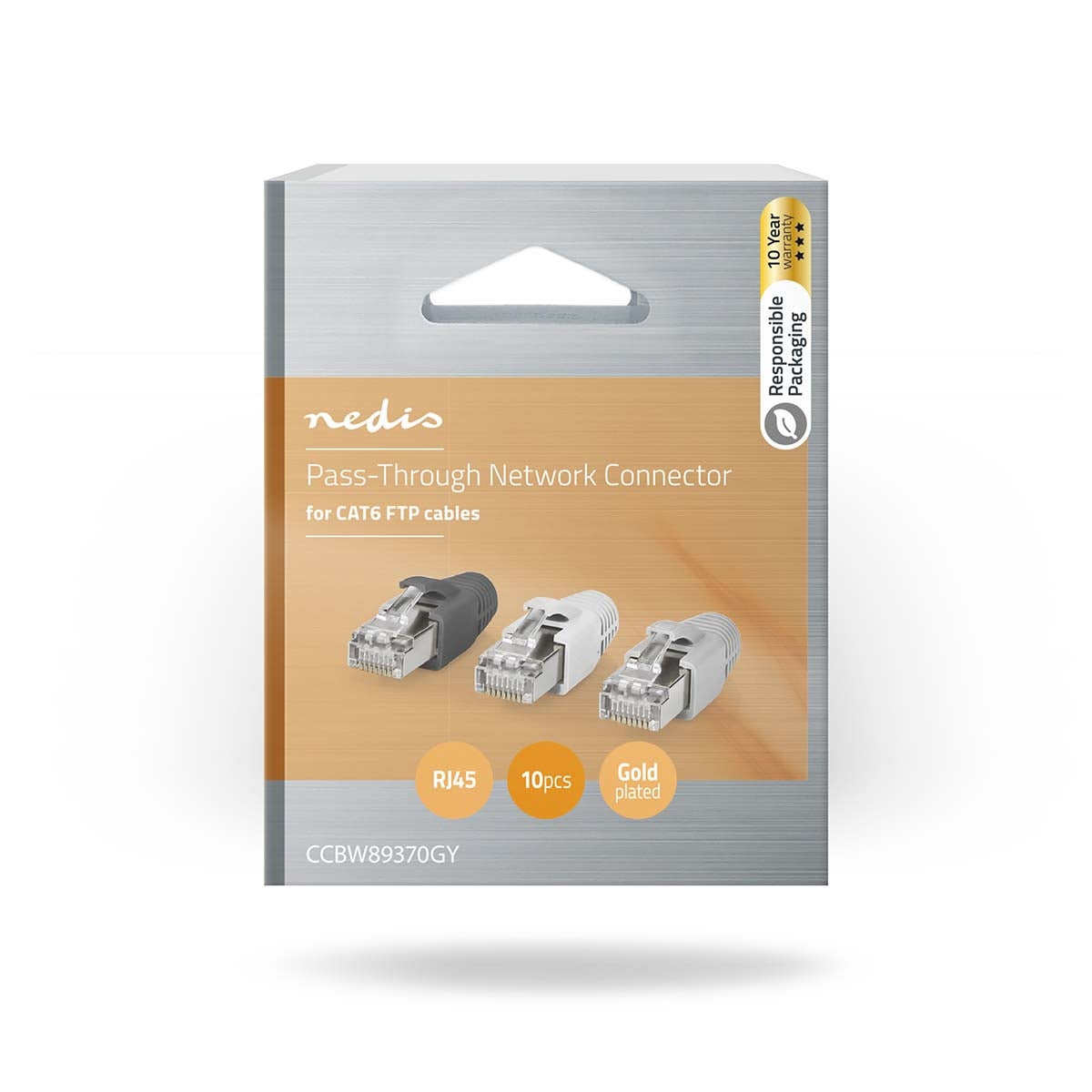 RJ45 connector | RJ45 Pass Through | Solid/Stranded FTP CAT6 | Straight | Gold Plated | 10 pieces. | PVC | Grey/Black/White | Box