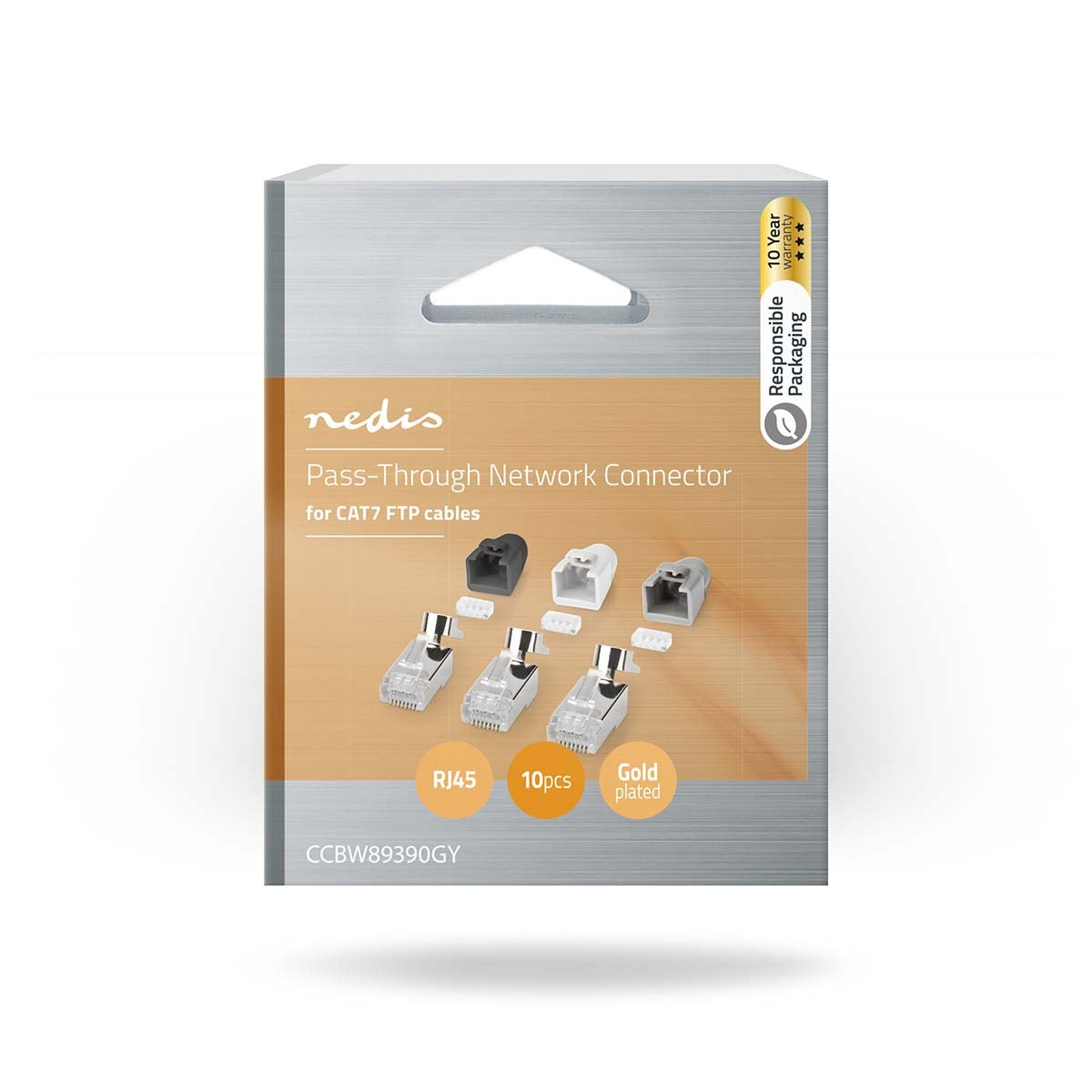 RJ45 connector | RJ45 Pass Through | Solid/Stranded FTP CAT7 | Straight | Gold Plated | 10 pieces. | PVC | Grey/Black/White | Box