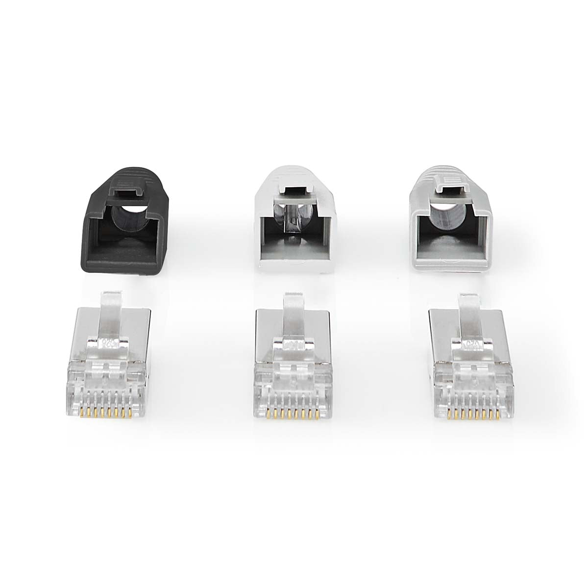 RJ45 connector | RJ45 Pass Through | Solid/stranded FTP CAT6a | Straight | Gold Plated | 10 pieces. | PVC | Grey/Black/White | Box