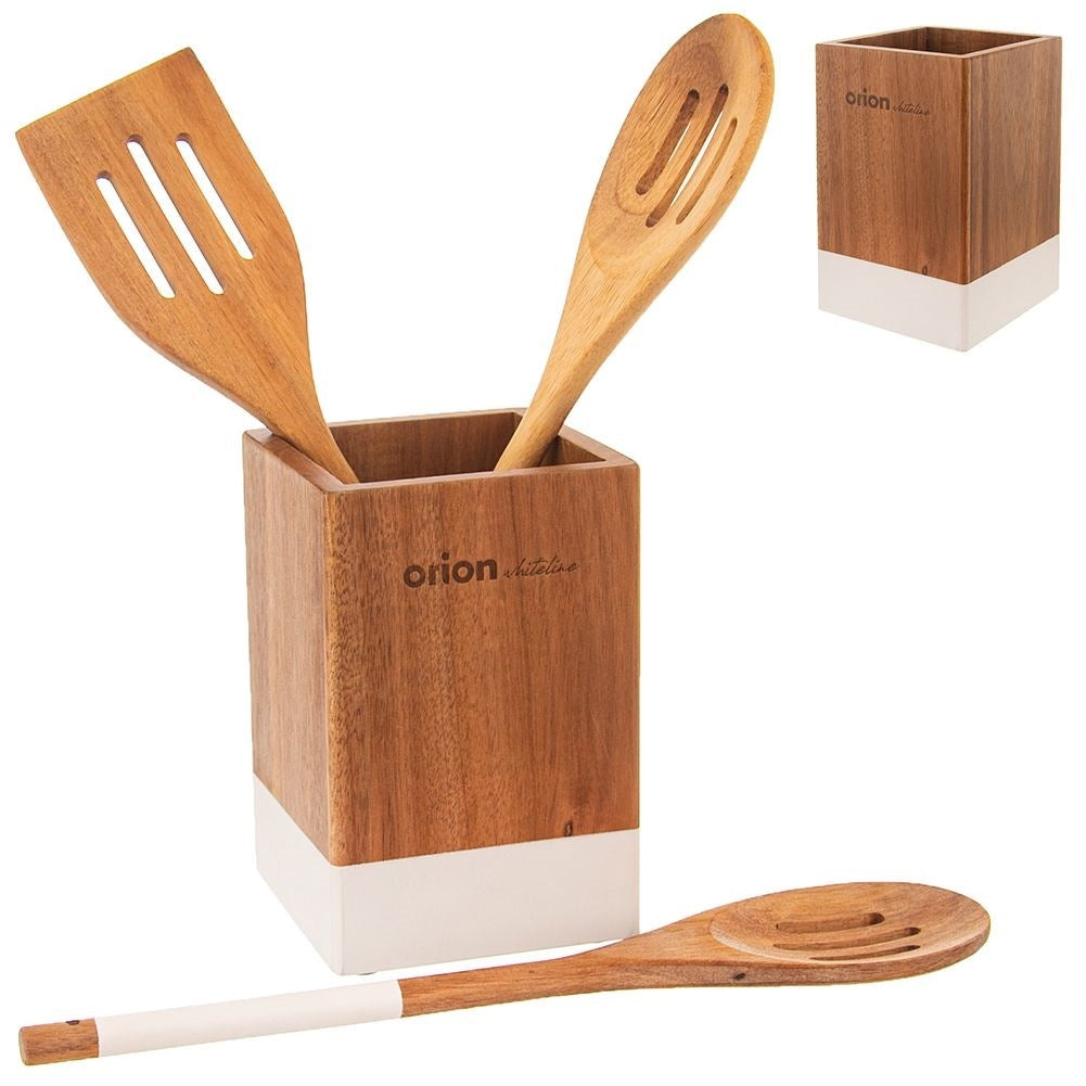 Rack for kitchen utensils in acacia wood with white details