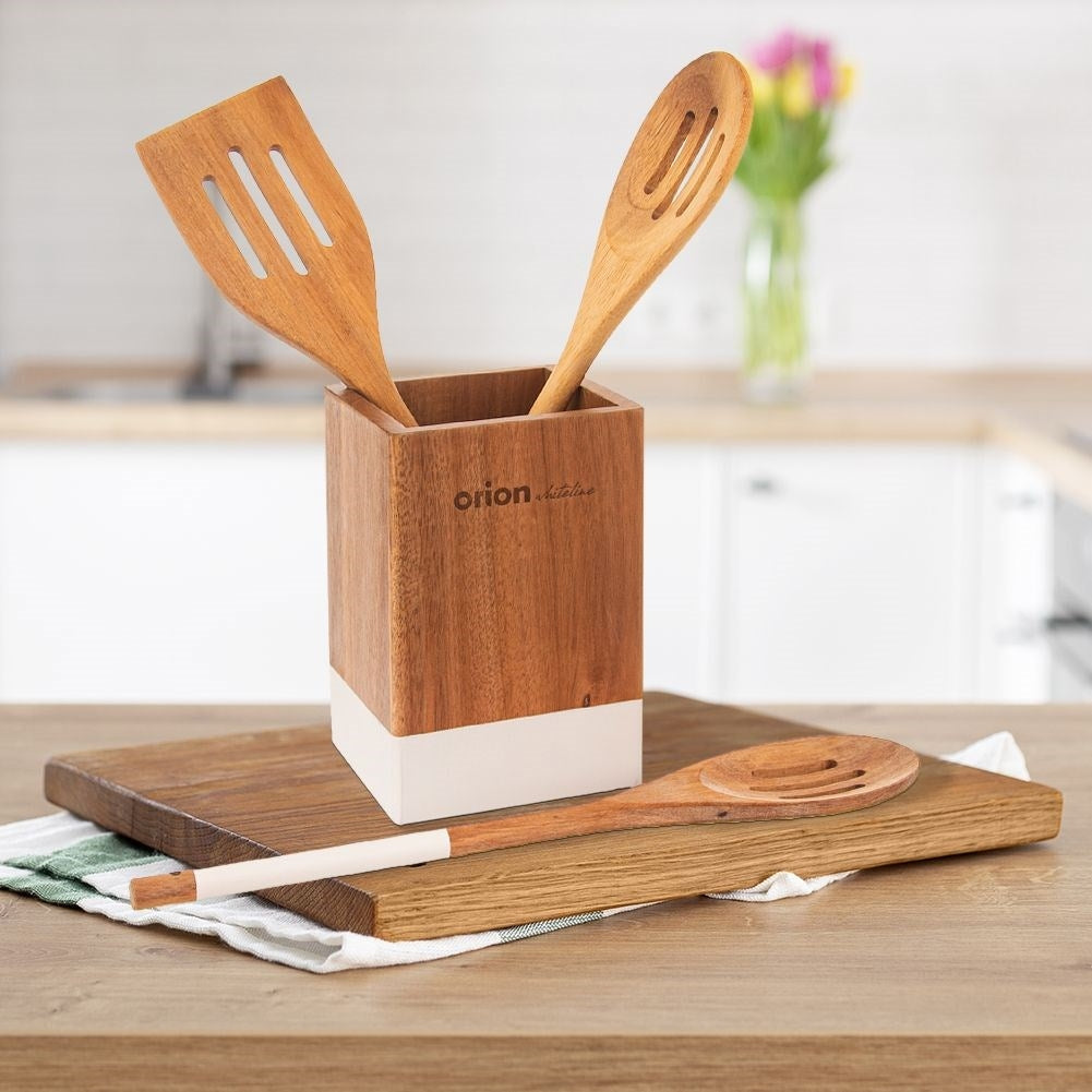 Rack for kitchen utensils in acacia wood with white details