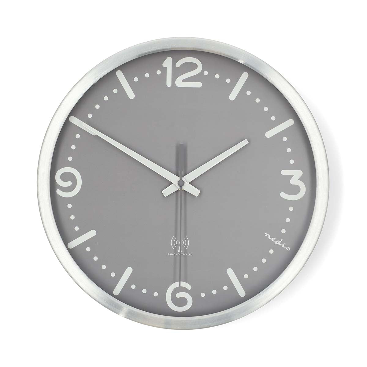 Radio Controlled Silent Wall Clock, 300mm, Grey Aluminium