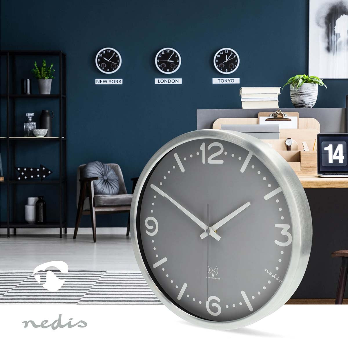 Radio Controlled Silent Wall Clock, 300mm, Grey Aluminium
