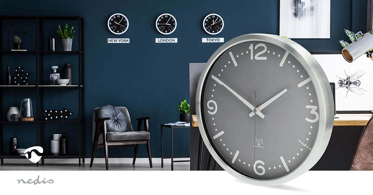 Radio Controlled Silent Wall Clock, 300mm, Grey Aluminium