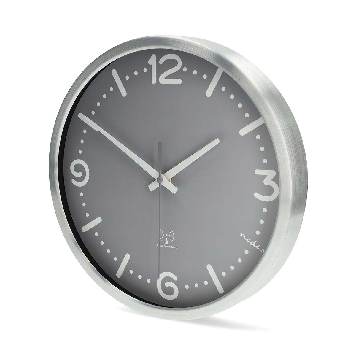 Radio Controlled Silent Wall Clock, 300mm, Grey Aluminium