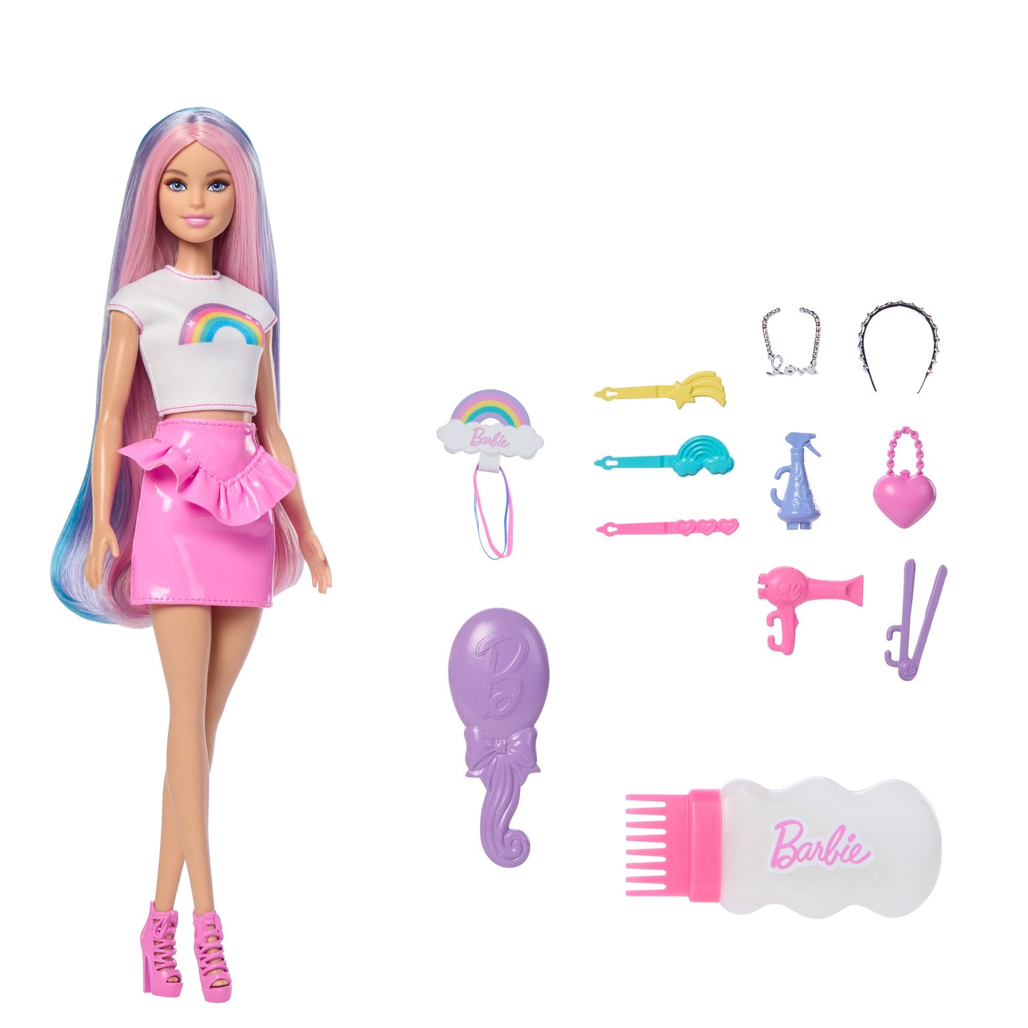 Rainbow Hair Barbie Doll with Glitter Comb & Accessories
