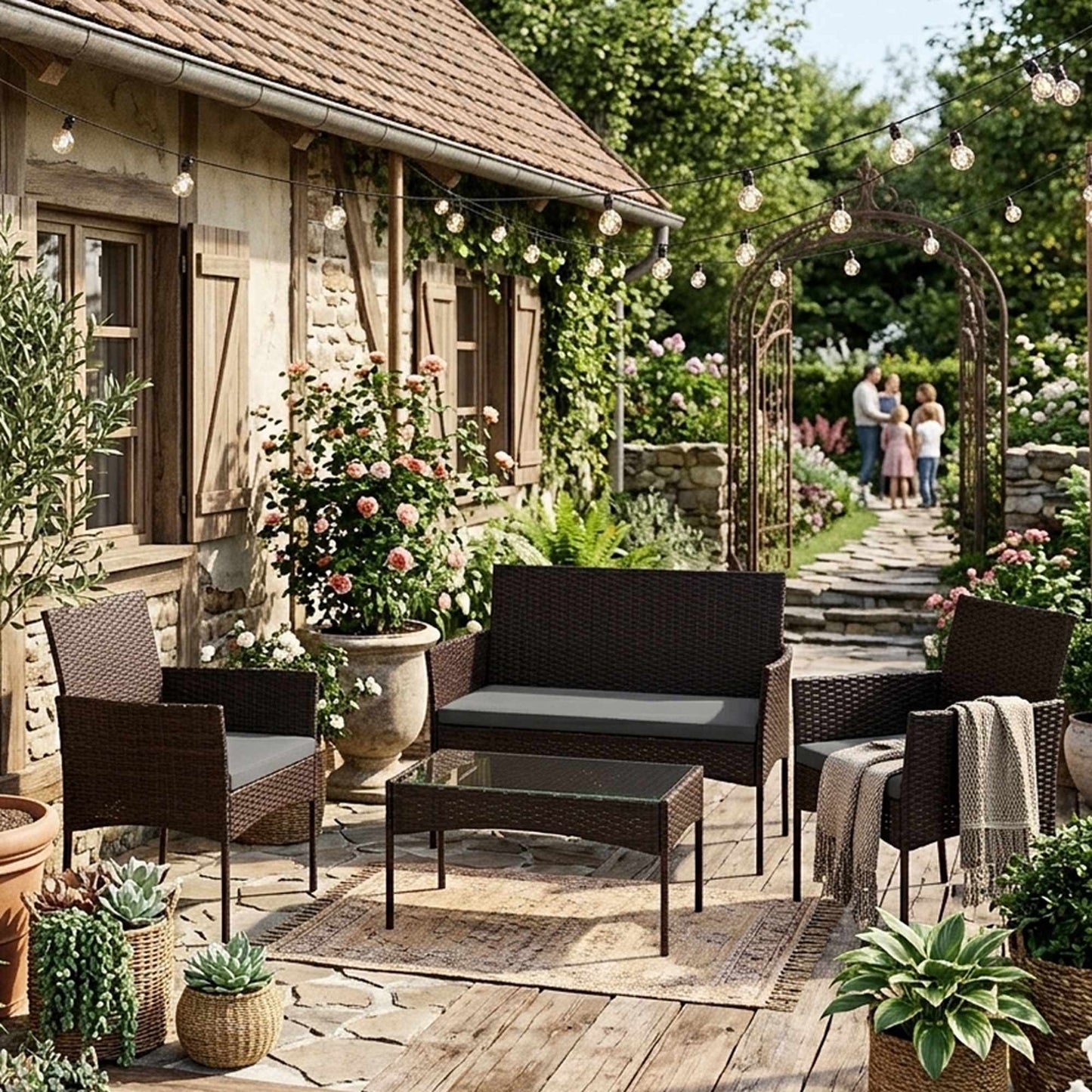 Rattan Garden Furniture Set for 4 with Table & Cushions