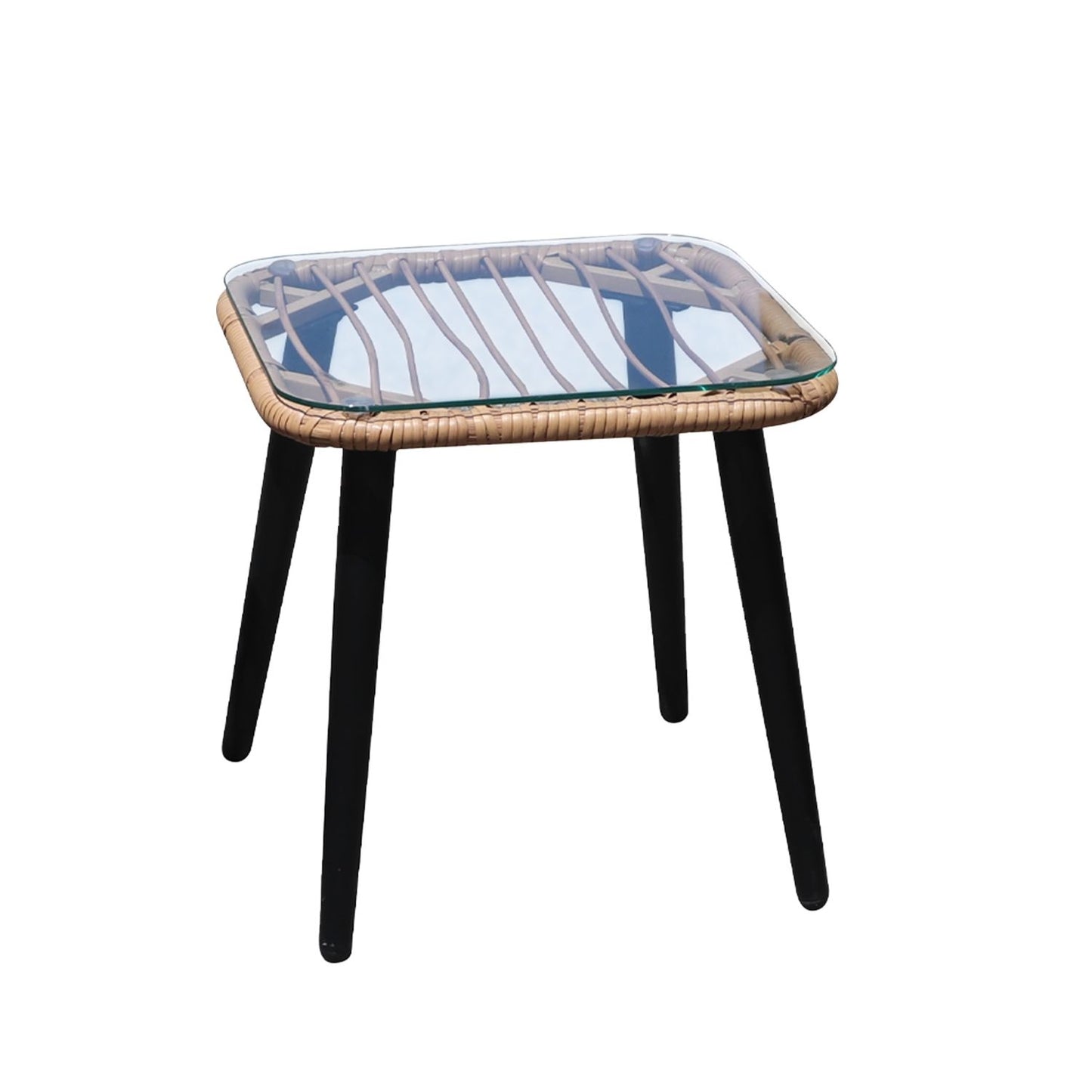 Rattan garden furniture set with chairs and a table with a glass top