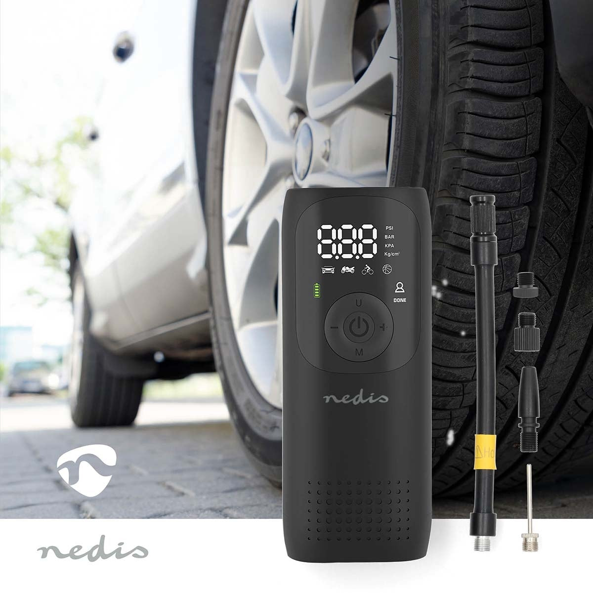 Rechargeable Air Compressor | 0.1 - 10.3 Bar | Dunlop Valve | Operation modes: Car / Motorbike / Bycicle / Ball | Yes | Air Pressure Meter