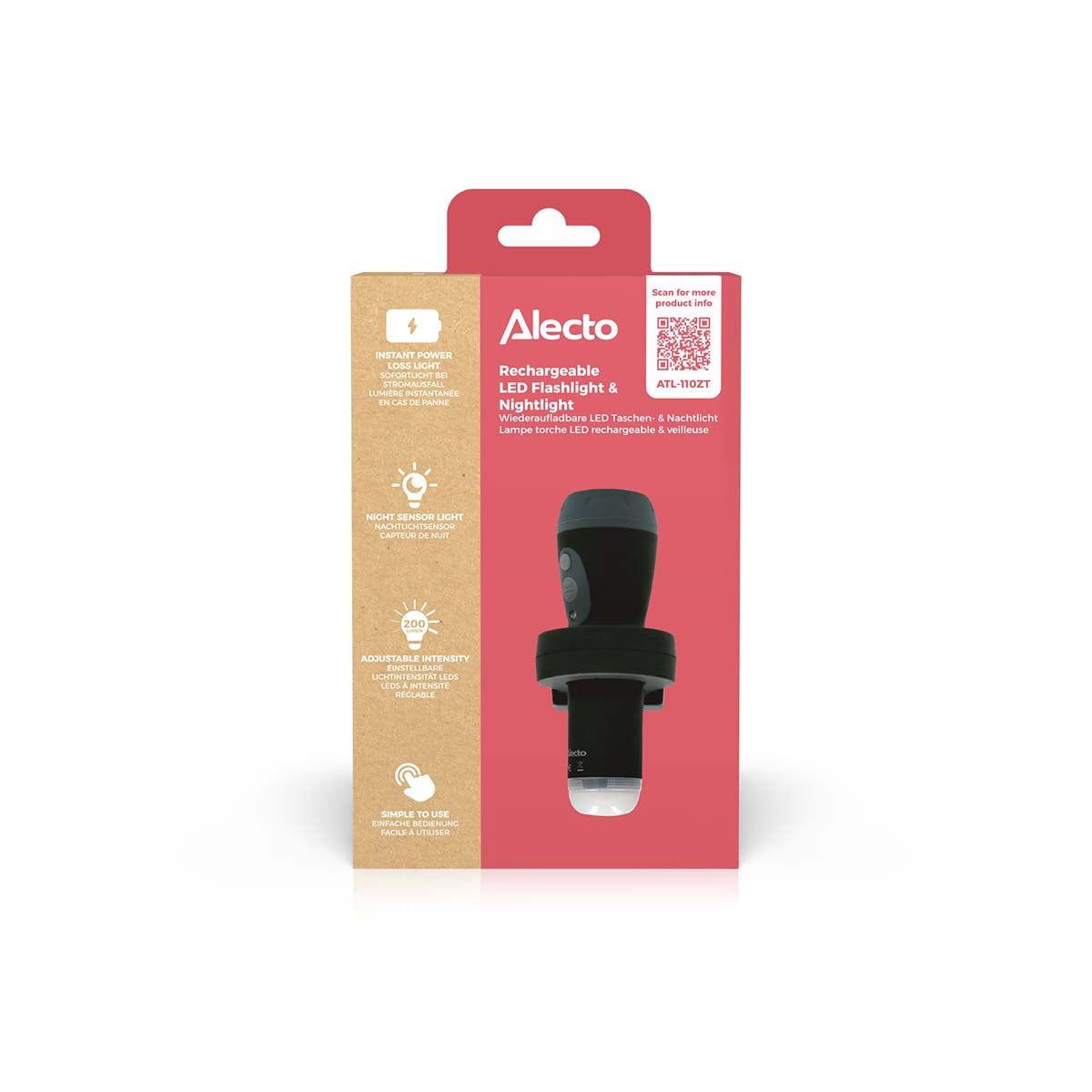 Rechargeable LED Flashlight with Auto Night Light, Black