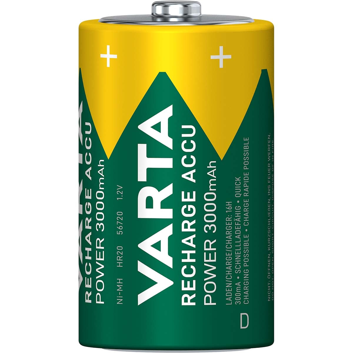 Rechargeable Ni-MH Battery D | 1.2 V DC | 3000 mAh | Preloaded | 2-Blister | HR20 | Green / Yellow